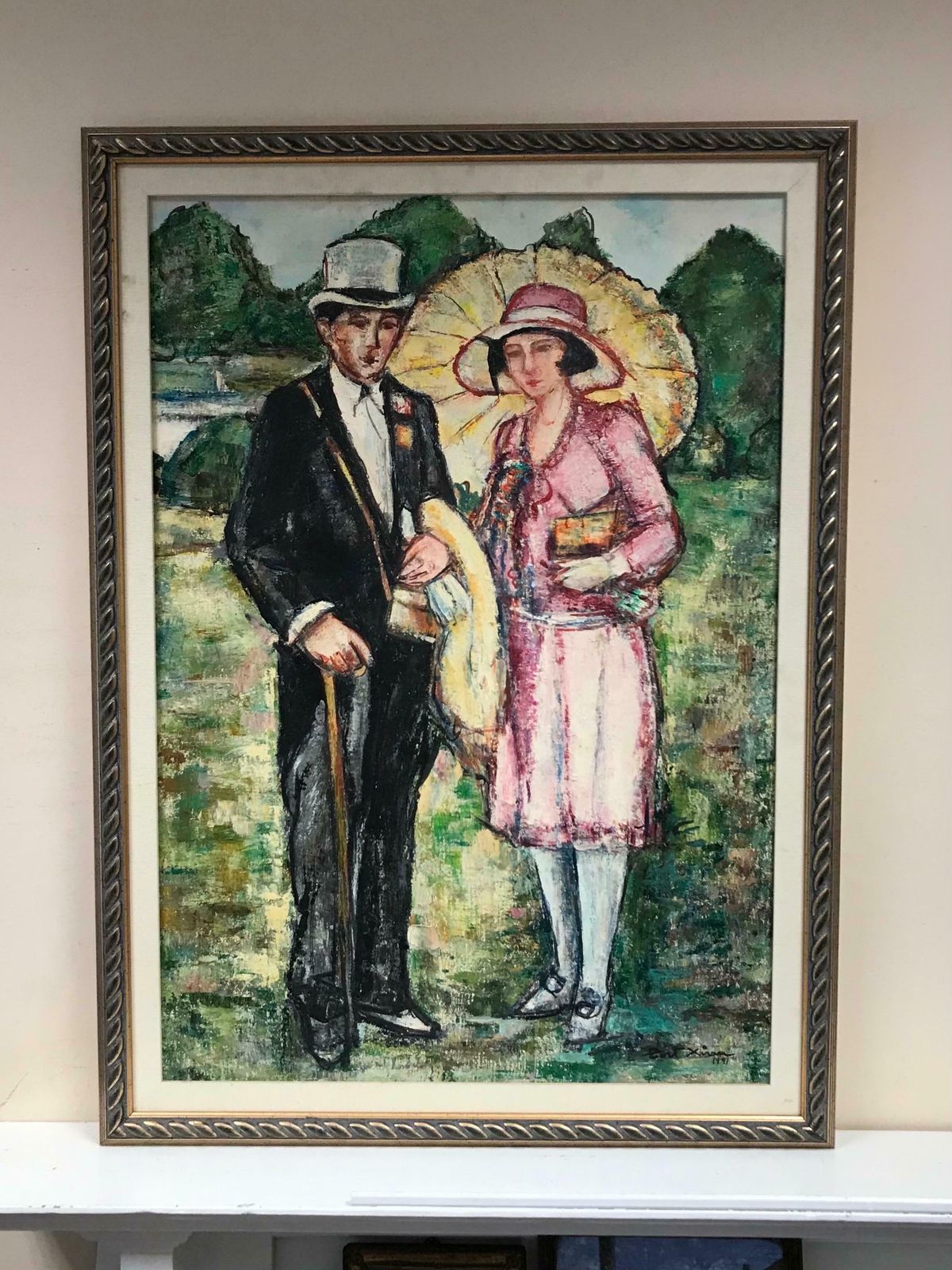 Maria Tort Xirauelegant Smartly Dressed Couple Riverside Gardens, Signed Original Oil Paintingc. 1991 photo furniture
