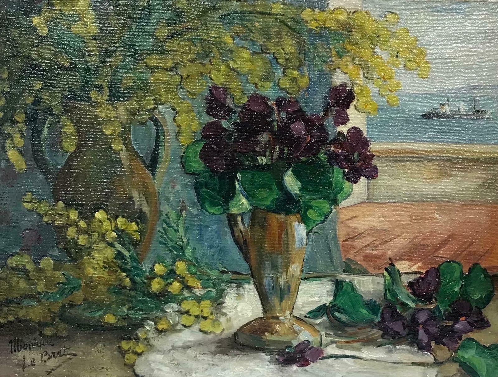 Monique Le Bretmid 20th Century French Oil   Balcony Over The Sea, Still Life With Flowers