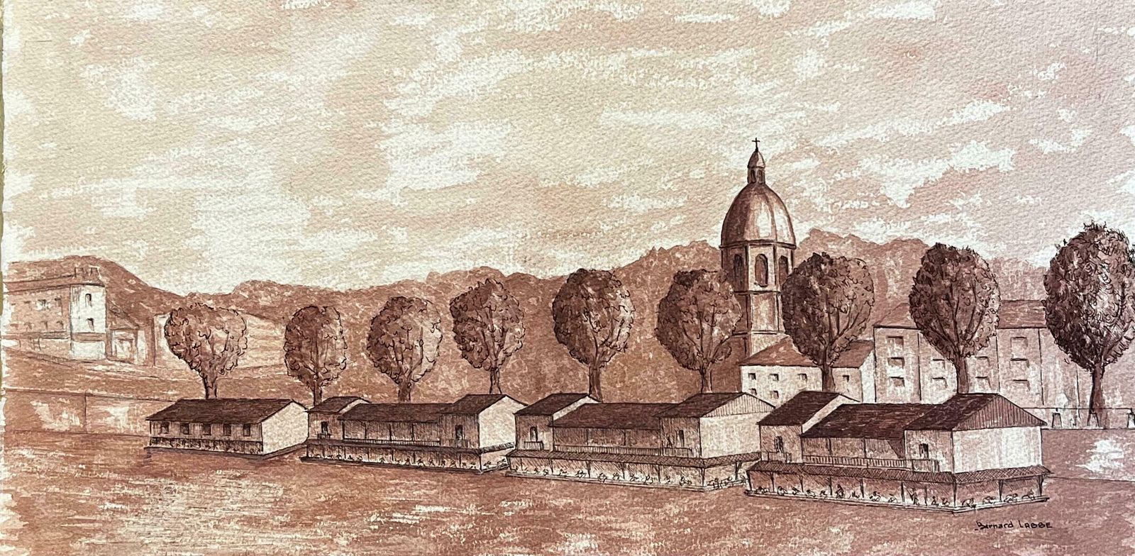Bernard Labbe1950's Modernist/ Cubist Painting   Sepia French Landscape1950's photo furniture