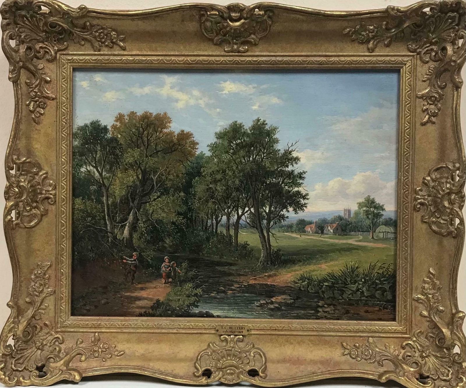 Victorian Britishfine Early Victorian Oil Painting Children Playing By Stream Village Landscape photo furniture
