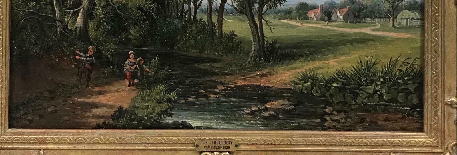 Victorian Britishfine Early Victorian Oil Painting Children Playing By Stream Village Landscape photo for sale