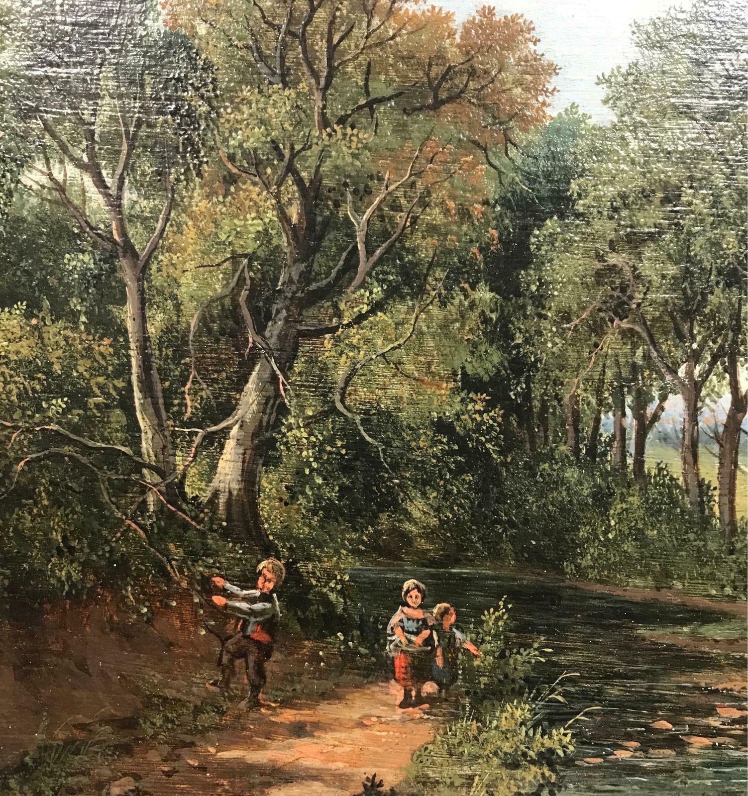 Victorian Britishfine Early Victorian Oil Painting Children Playing By Stream Village Landscape photo 1377.0