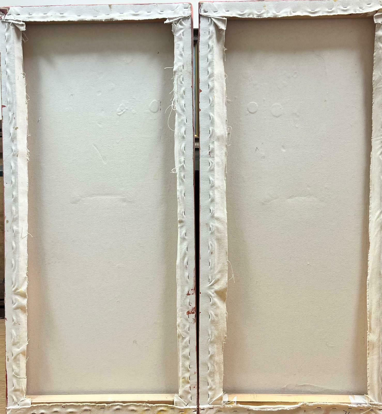 English Artisttwo Large Coral Pink Painted Canvases With Lacquered Panels Applied photo Art