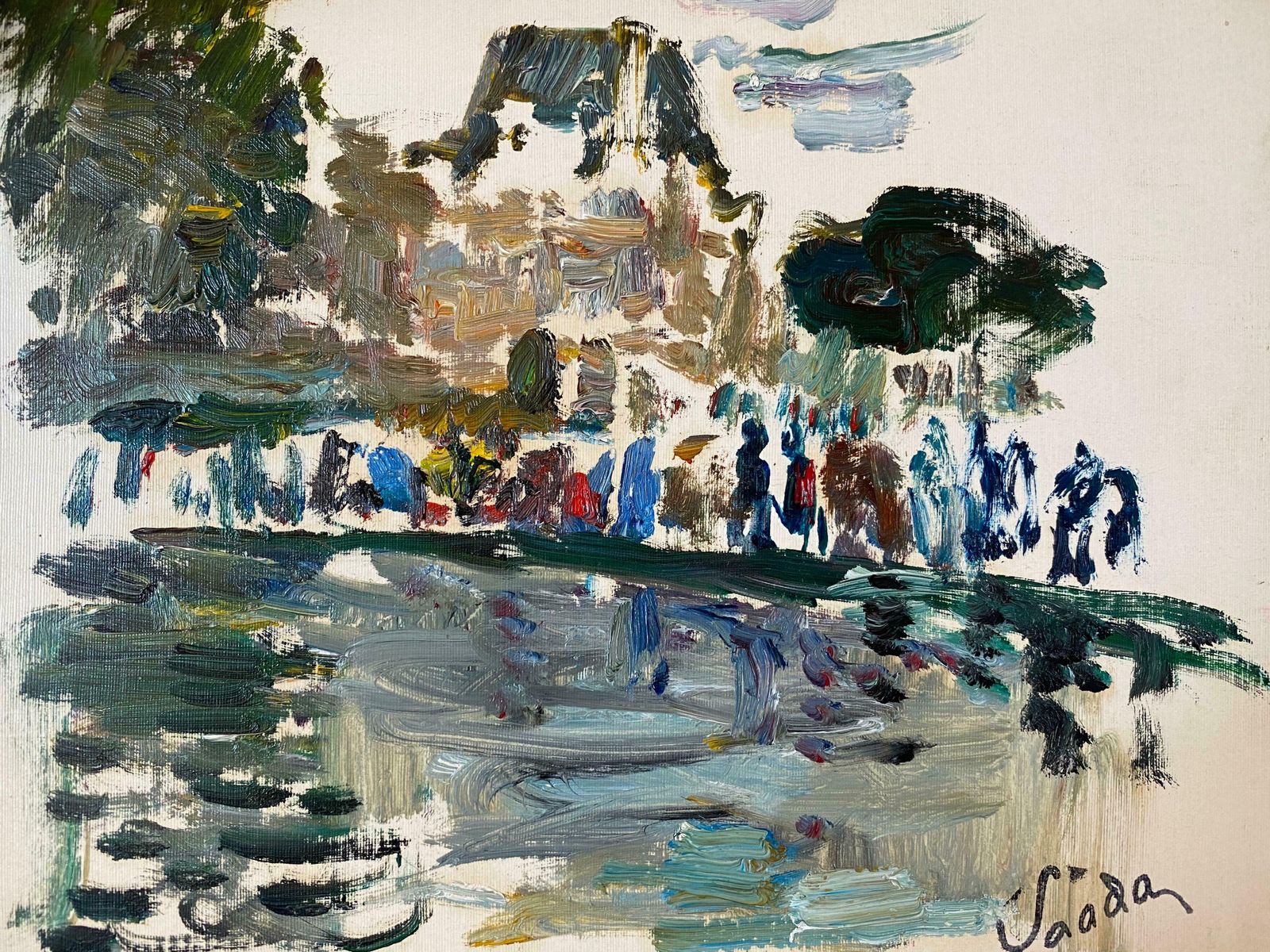 Saddaparisian Park Louvre Paris, Figures By Pond, Signed French Impressionist Oilc. 1980's photo furniture