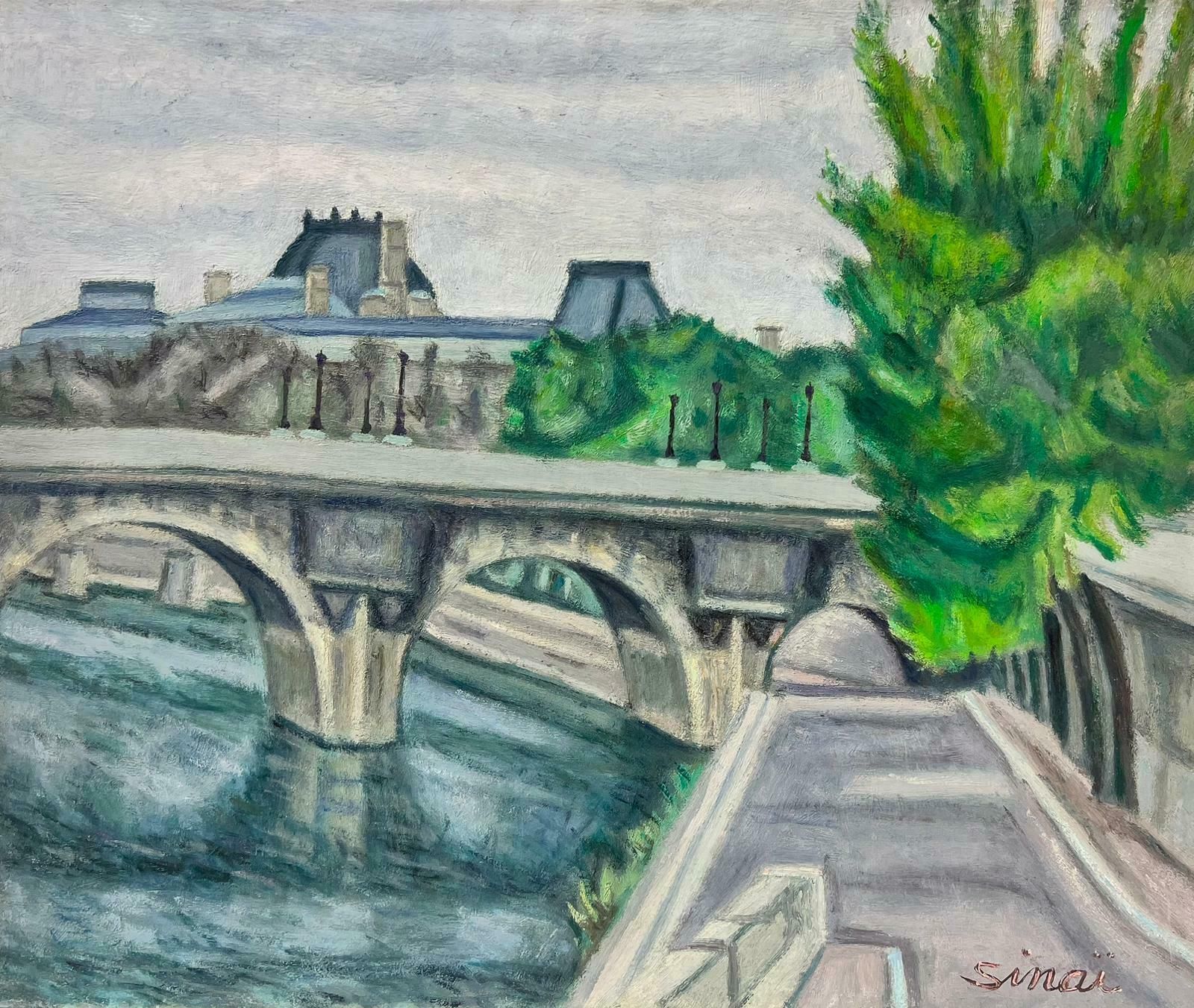 French Schoolriver Seine Paris City Skyline Bridge Over The River 1970's French Oil Painting