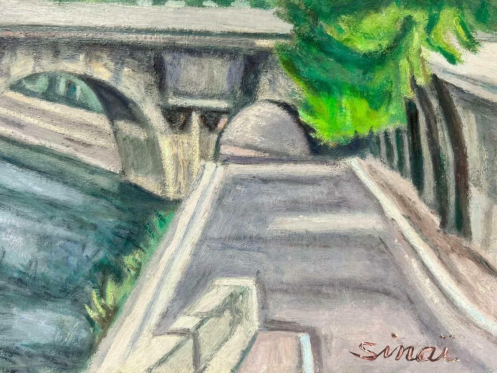French Schoolriver Seine Paris City Skyline Bridge Over The River 1970's French Oil Painting photo for sale