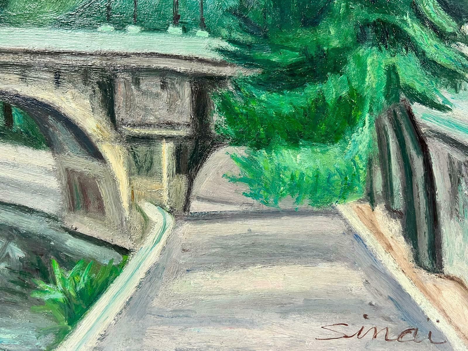 French Schoolthe River Seine Paris Old Stone Bridge With Trees 1970's French Oil Painting photo for sale