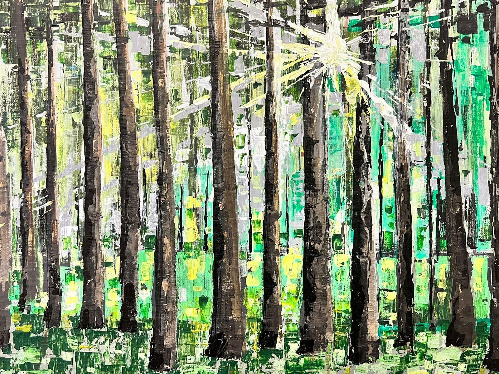 Contemporary British Modern British Contemporary Painting Sunlight Bursting Through Trees Woodland photo for sale