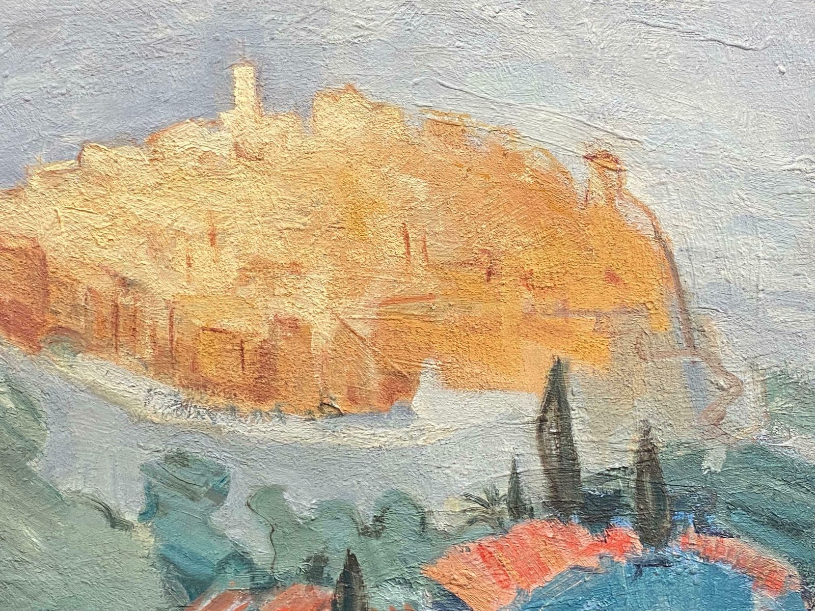 Elisabeth Hahn20th Century German Modernist Oil Painting Hill Perched Village In The Clouds20th Century photo for sale