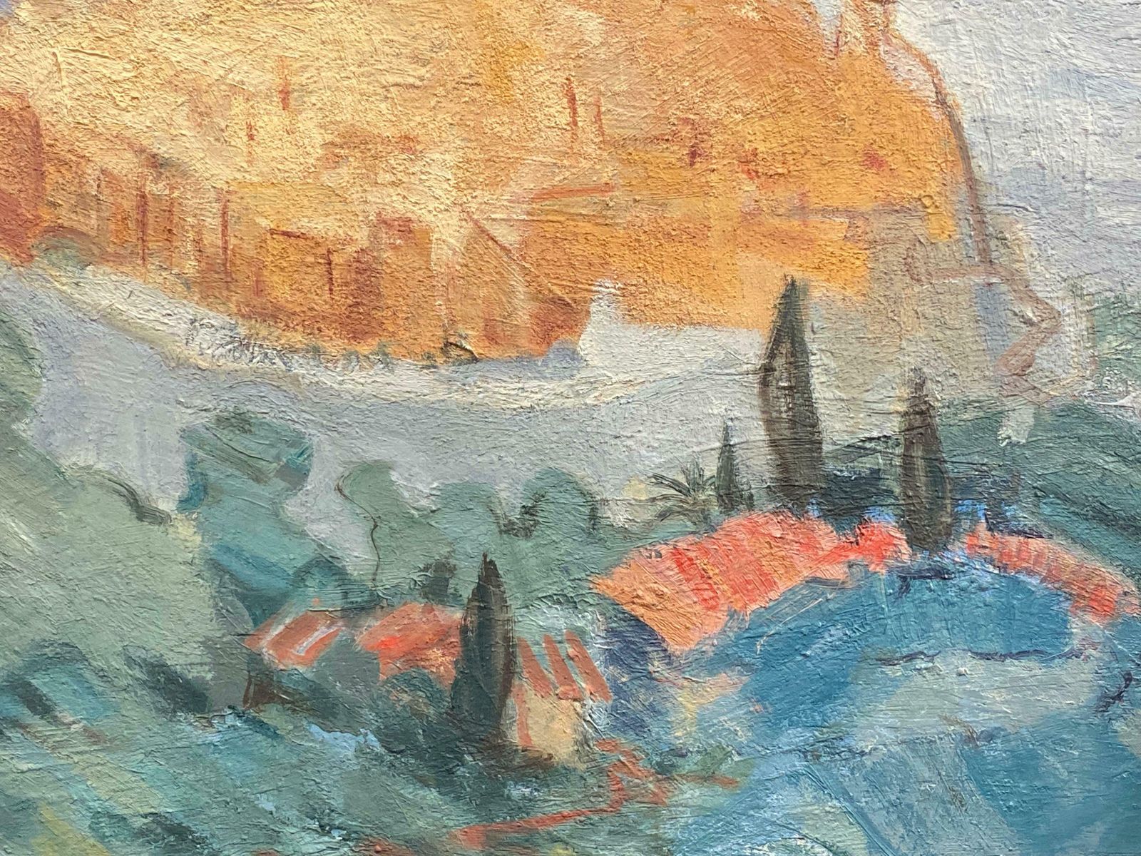 Elisabeth Hahn20th Century German Modernist Oil Painting Hill Perched Village In The Clouds20th Century photo Art