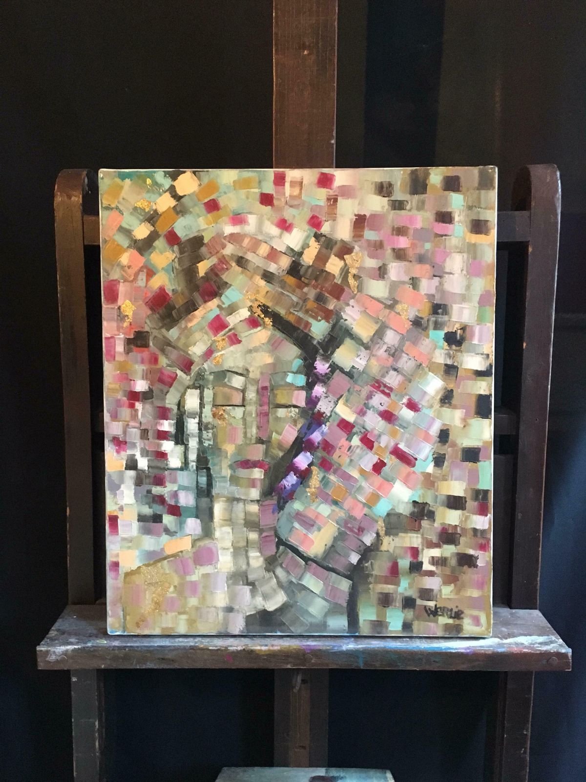 Beatrice Werliemosaic Style French Abstract, Original Oil Painting 2004 photo furniture