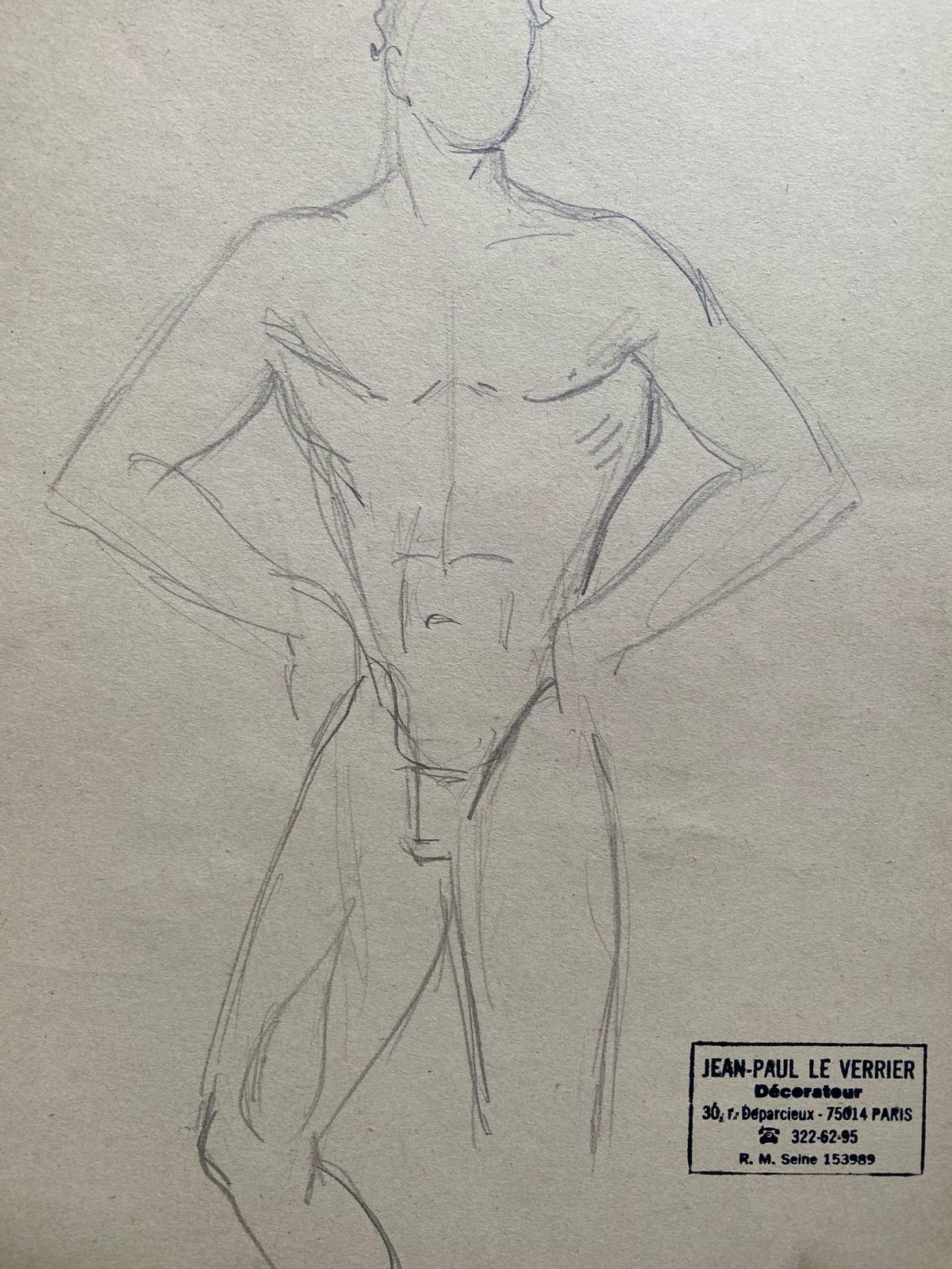 Jean Paul Le Verriermid 20th Century French Original Line Drawing Sketch Nude Male   Stamped