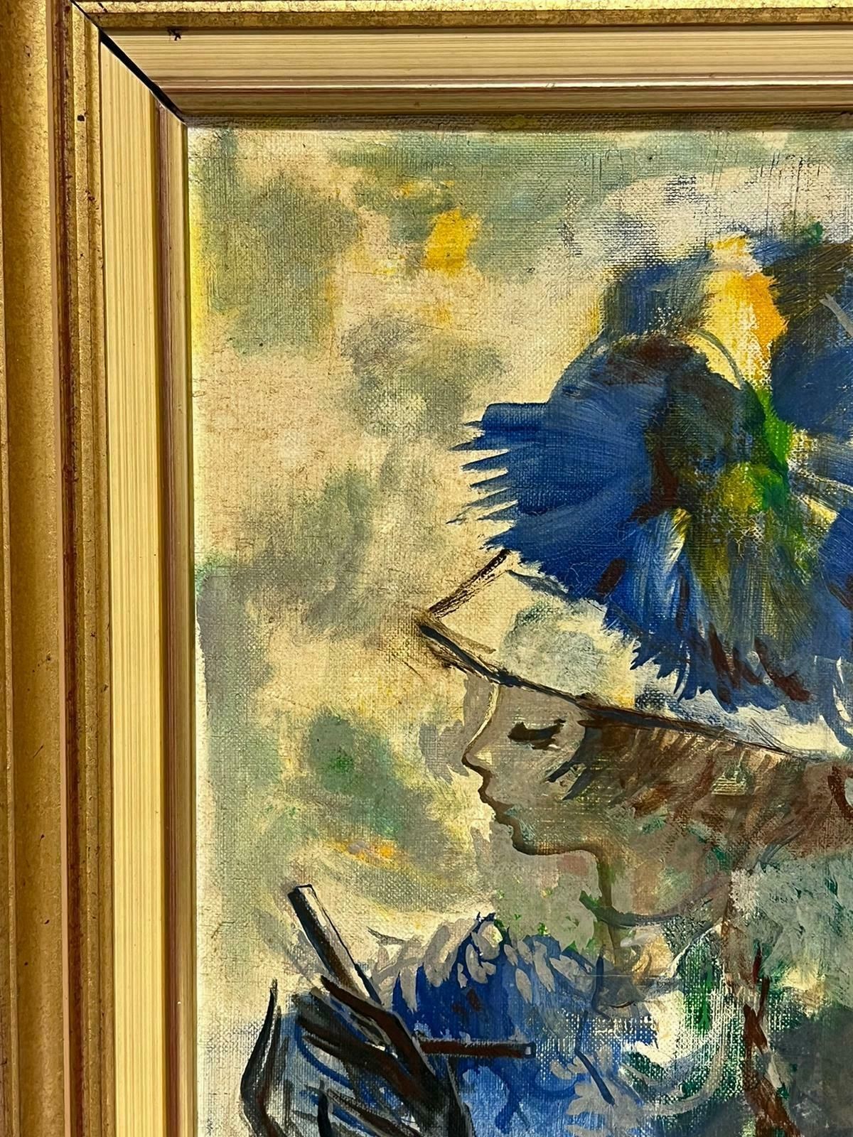 French School1960's French Signed Oil Portrait Of Young Lady In Blue Hat Modernist Style photo 1015.0