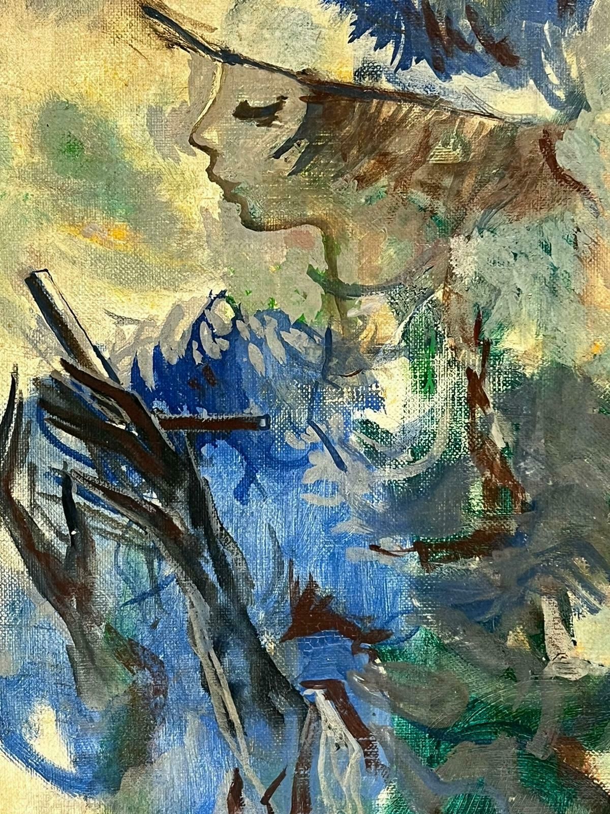 French School1960's French Signed Oil Portrait Of Young Lady In Blue Hat Modernist Style photo buy