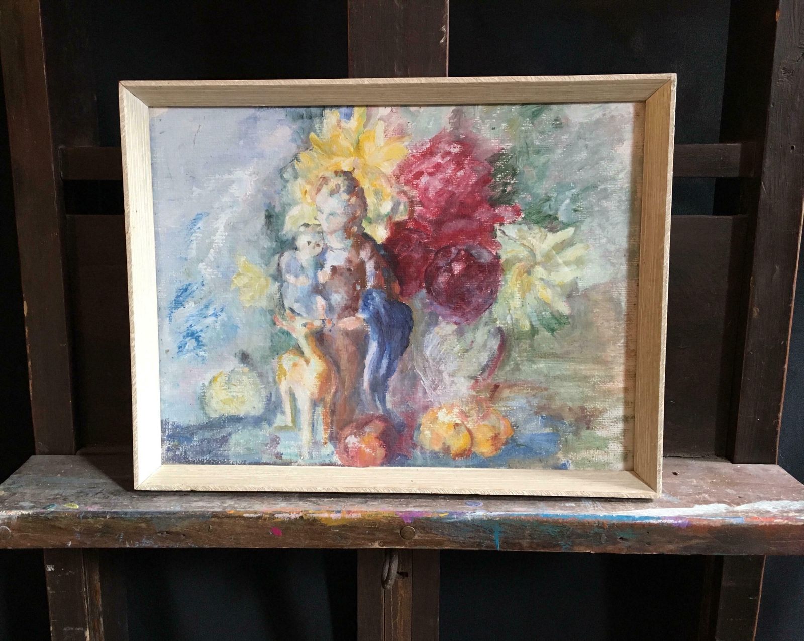 Unknownelegant Portrait, Mother And Child, Original Oil Paintingc.1970's photo for sale