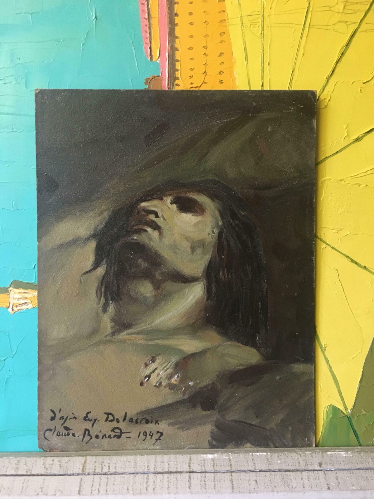 Claude Benard" D'apres Delacroix" Impressionist Portrait, Signed Oil Painting1947 photo furniture