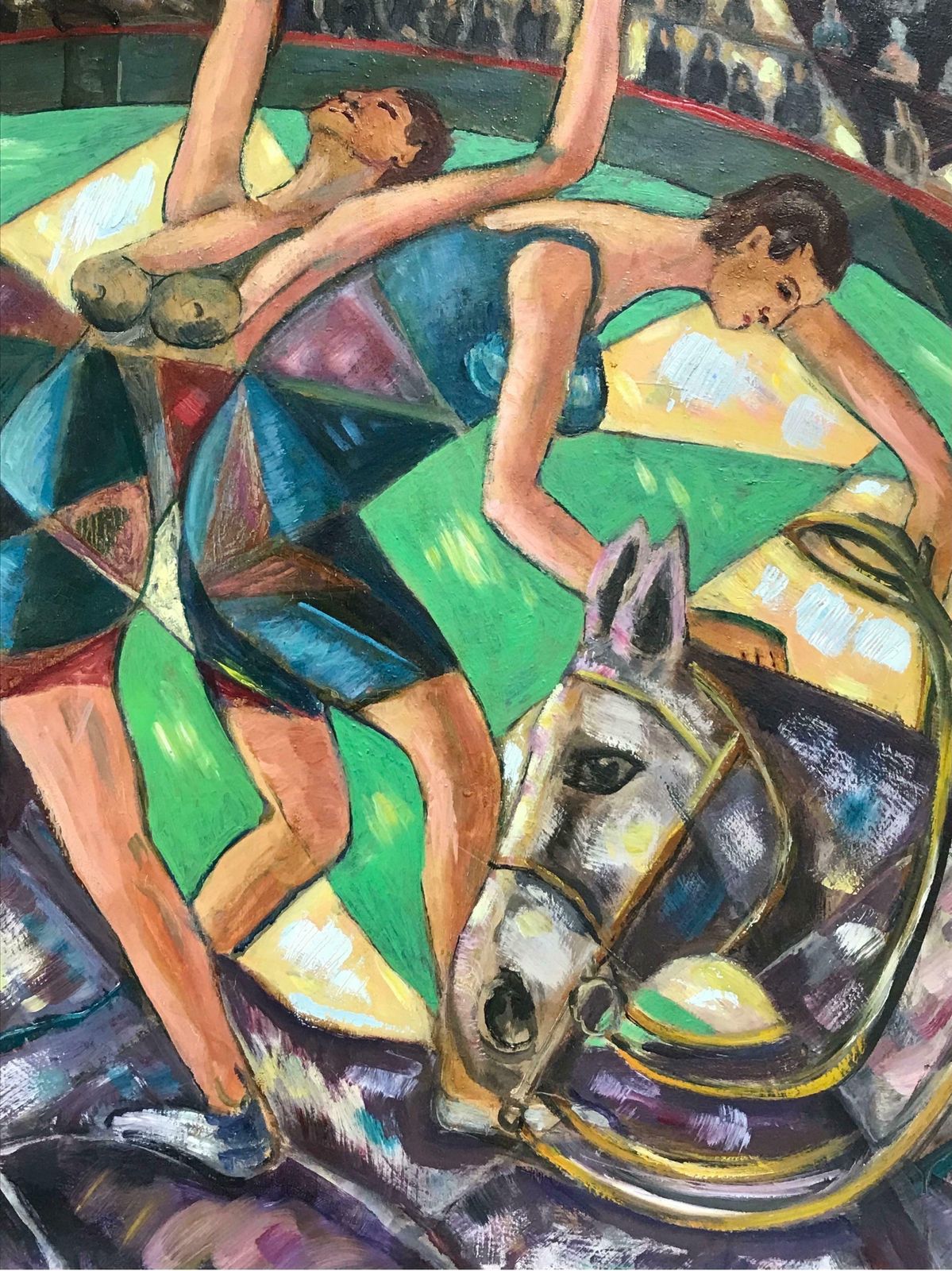 20th Century French Schoollarge French Signed Oil   Abstract Circus Performers Acrobats On Horsebackc. 1960's photo Art