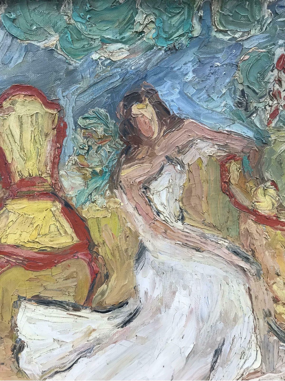 Early 20th Century Frenchstunning 1930s French Oil Lady In Wedding Dress In Interior, Very Thick Impasto photo 1224.0