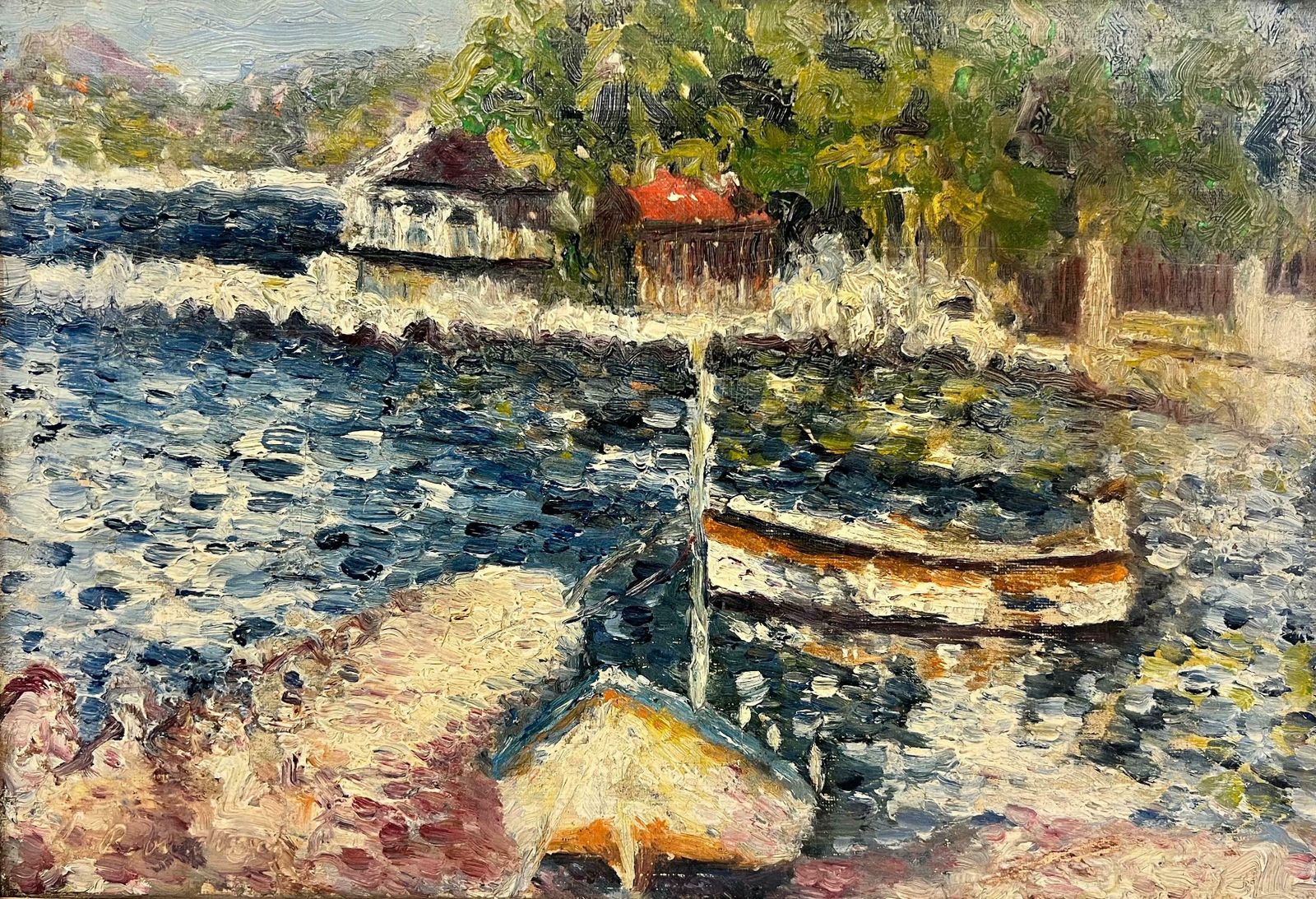 French School1900's French Impressionist Signed Oil Painting Boats In Harbour Double Sided