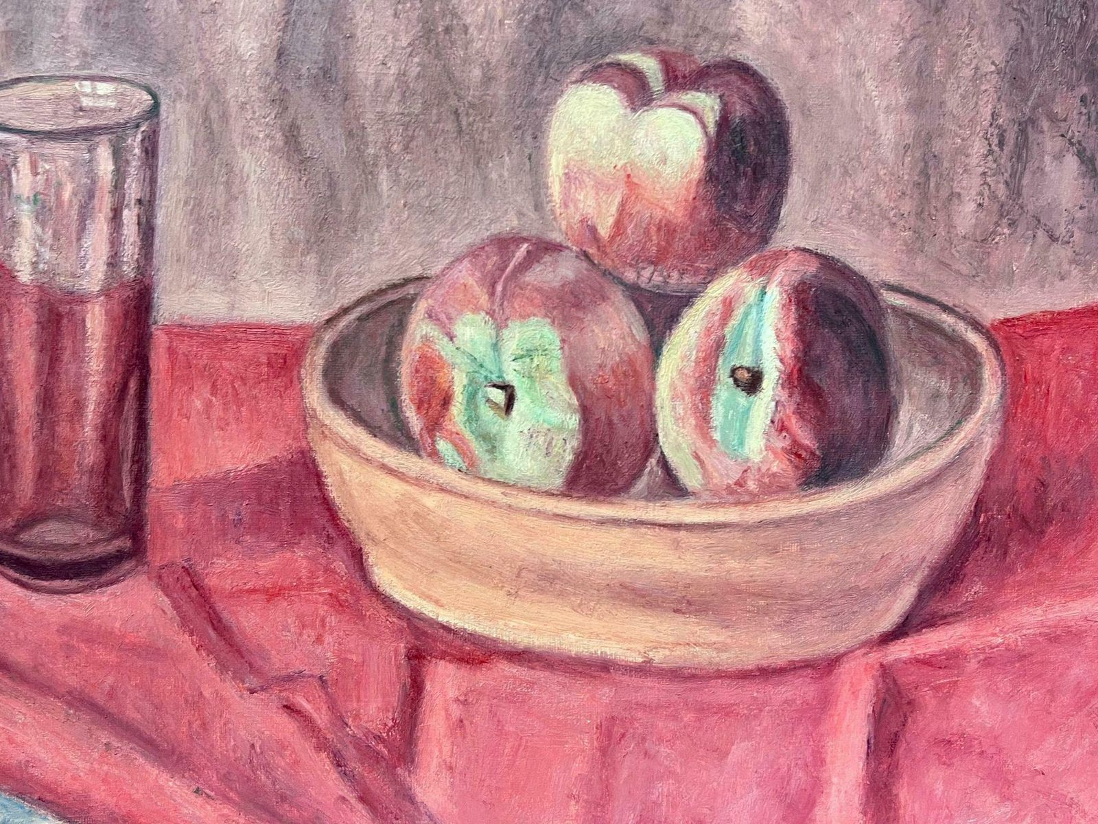 French Schoolfrench Post Impressionist Oil Still Life Red Interior Apples In Fruit Bowl