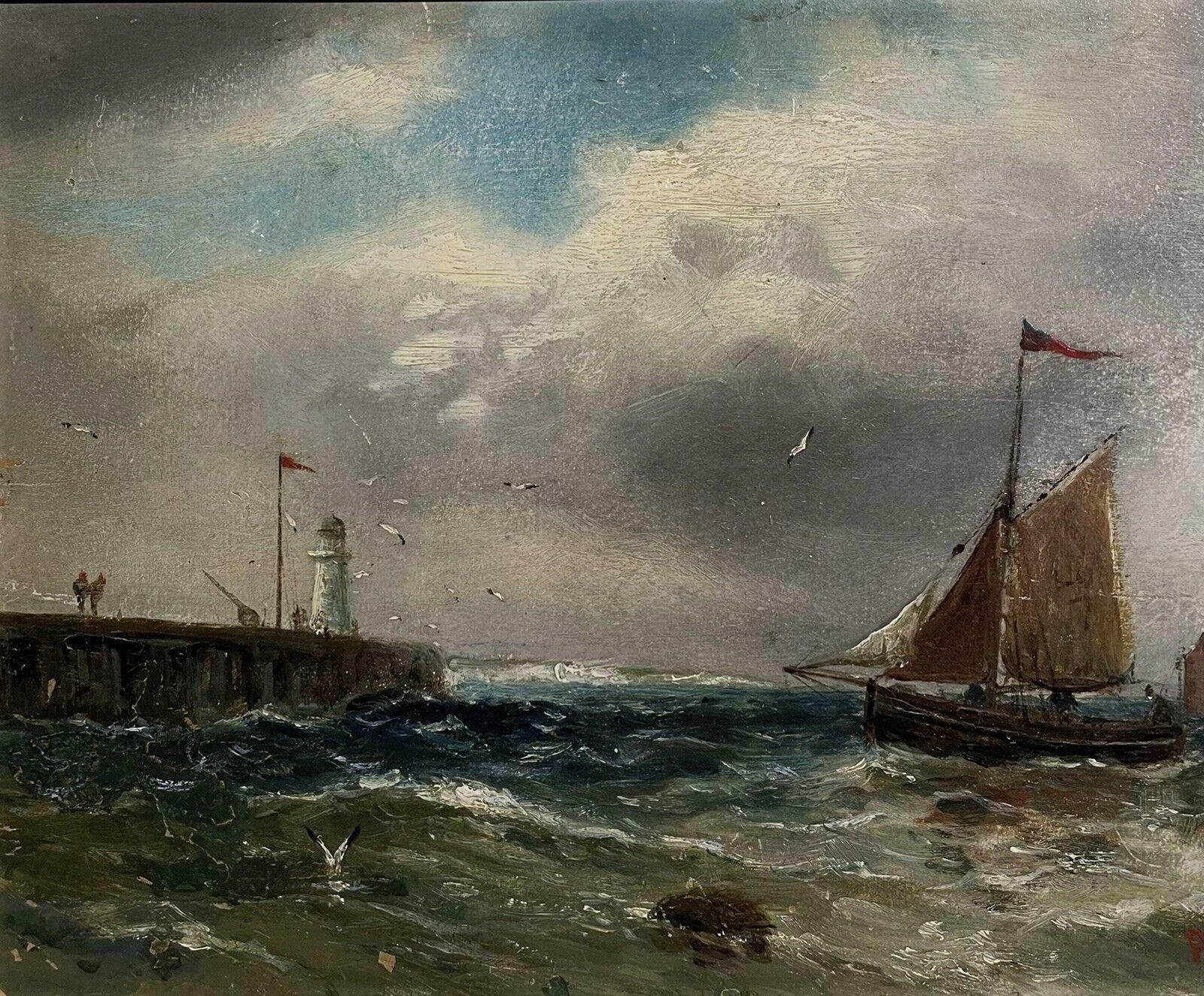 Abraham Hulk Jnr 1851   1922victorian British Marine Oil Painting, Fishing Boat Off A Jetty In Stormy Waters19th Century photo for sale