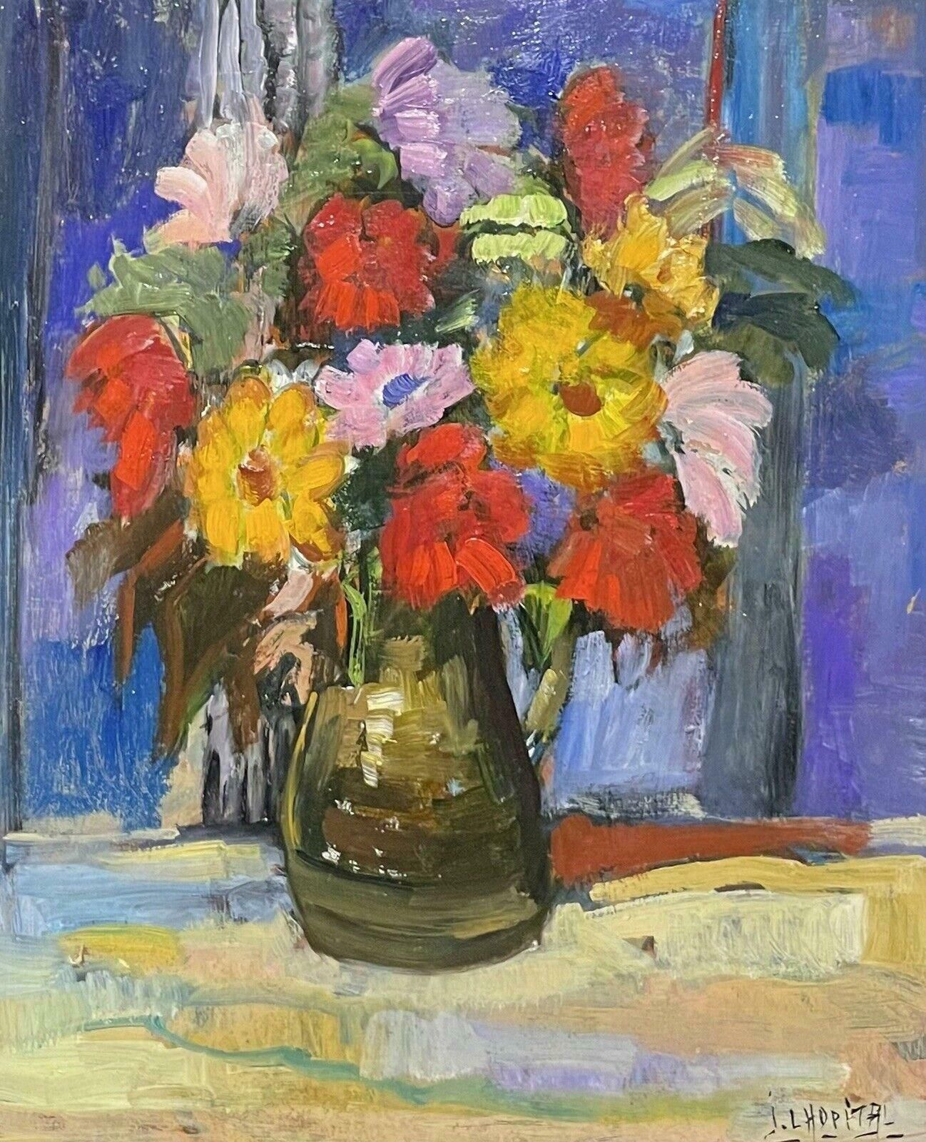 French Schoolbright & Cheerful French Post Impressionist Signed Oil   Flowers In Vase photo furniture