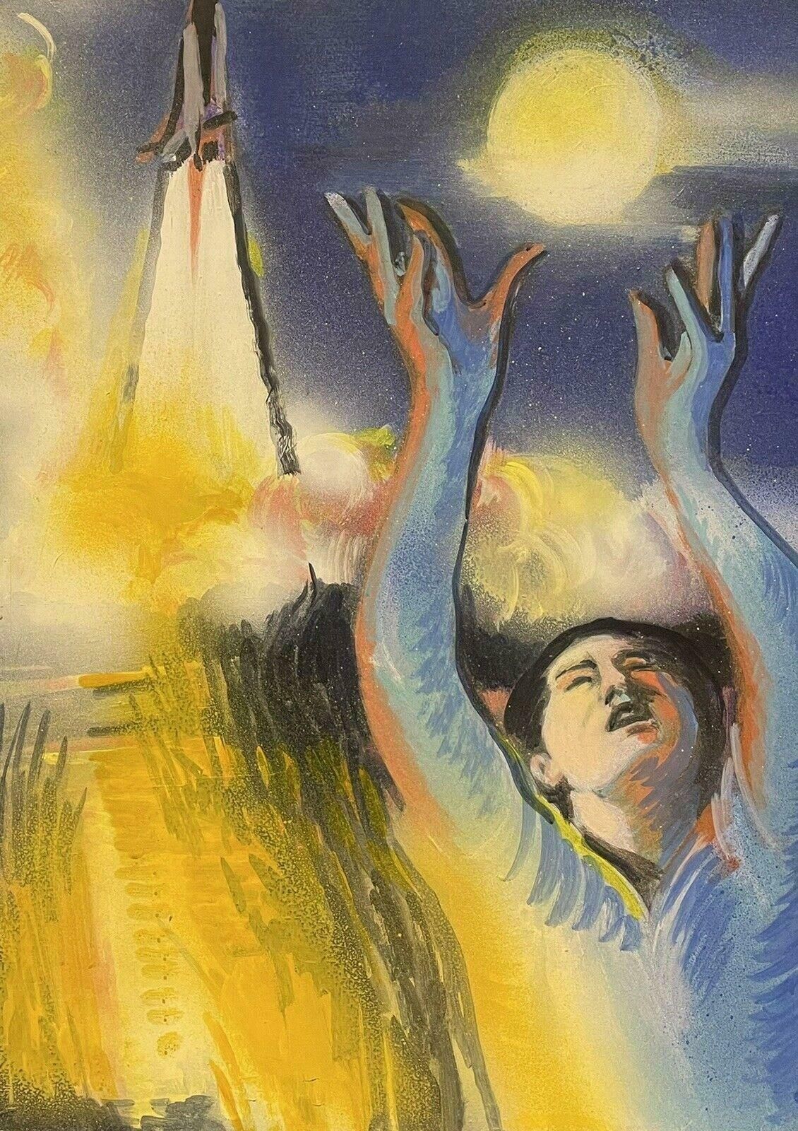 Josyne Gallethuge French Surrealist Fantasy Oil Painting Floating Figure Reaching For Moon photo Art