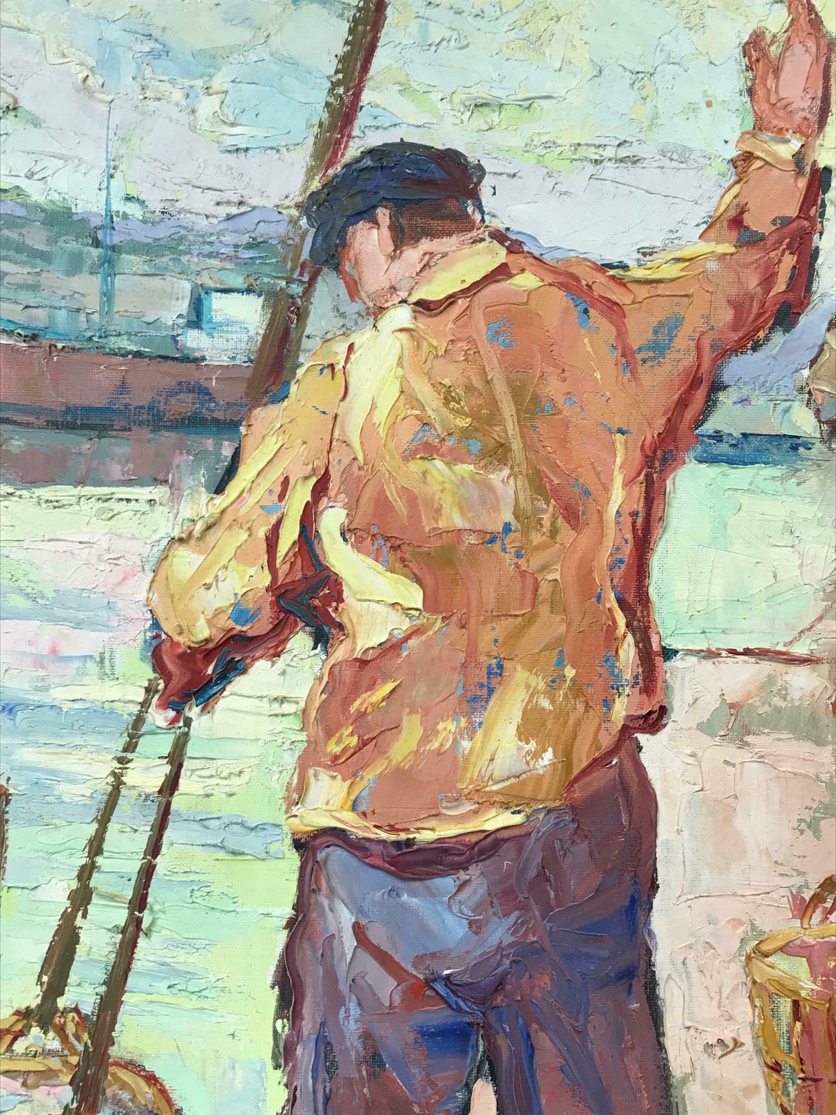 French Schoolsuper 1950's French Post Impressionist Signed Oil   Fishermen Marseille Harbour photo Art