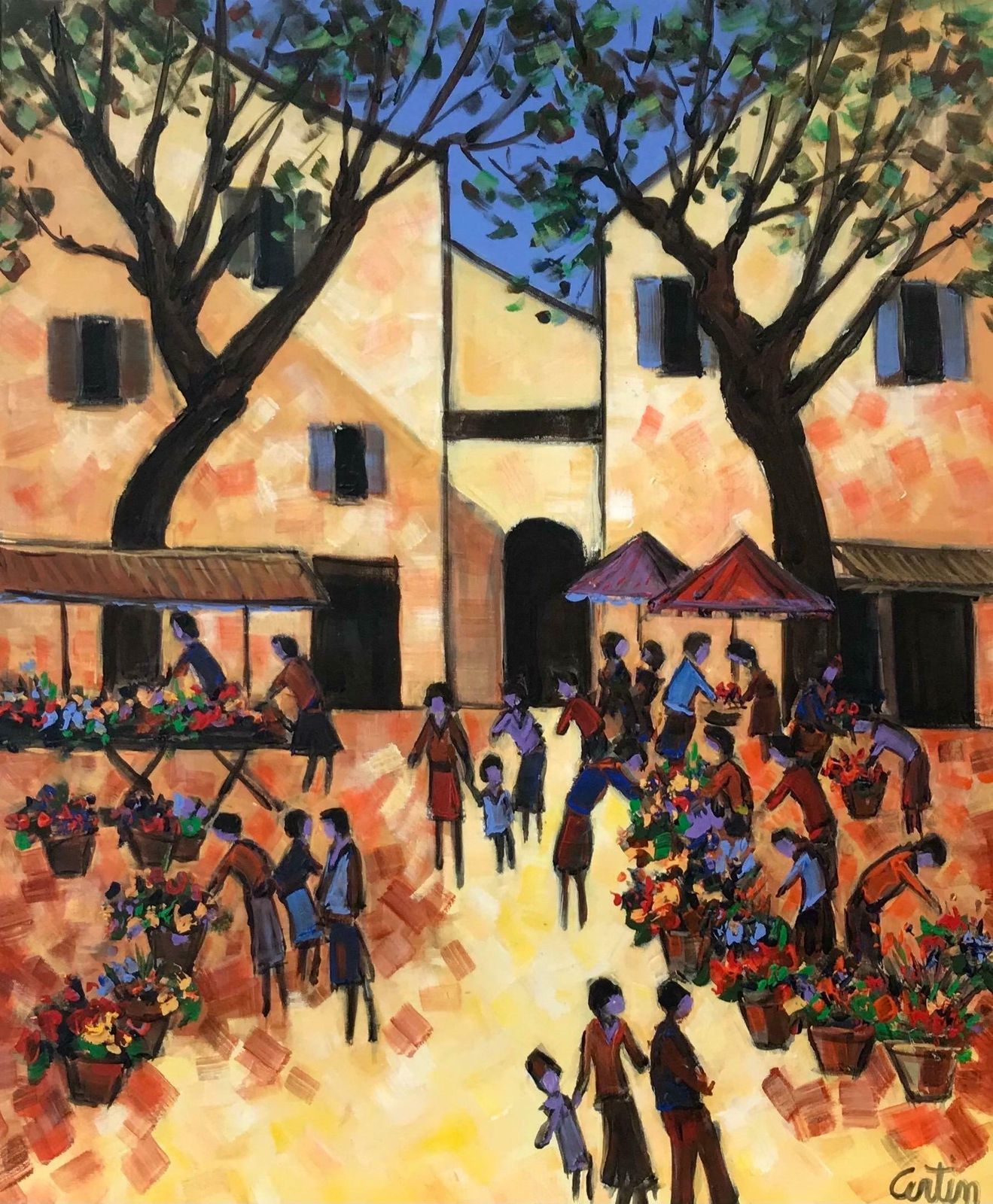 French Schoolprovencal Town Market Square Busy Scene With Many Figures With Flowersc. 2000 photo furniture