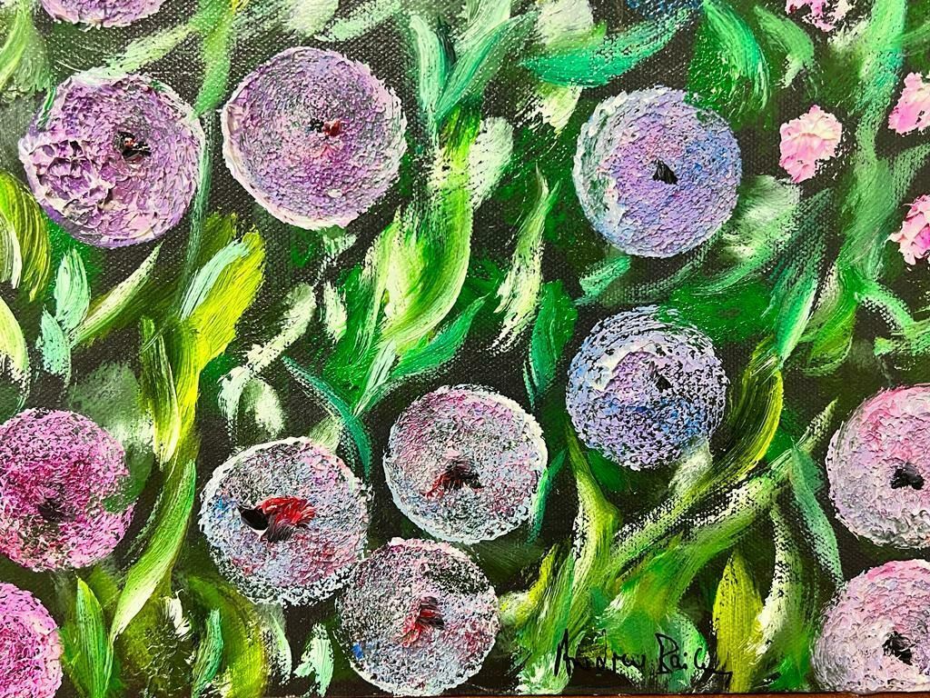 Contemporary British Colourful Modern British Round Bright Flower Bush Painting photo for sale