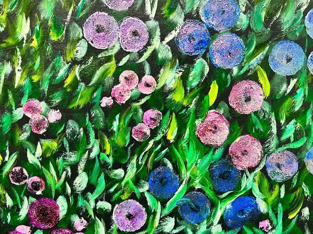 Contemporary British Colourful Modern British Round Bright Flower Bush Painting photo Art