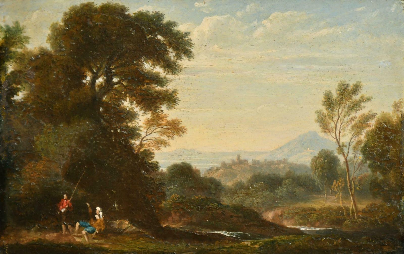Early 1800's Scottish Oil Painting, Figures In Highland Landscape Golden Light
