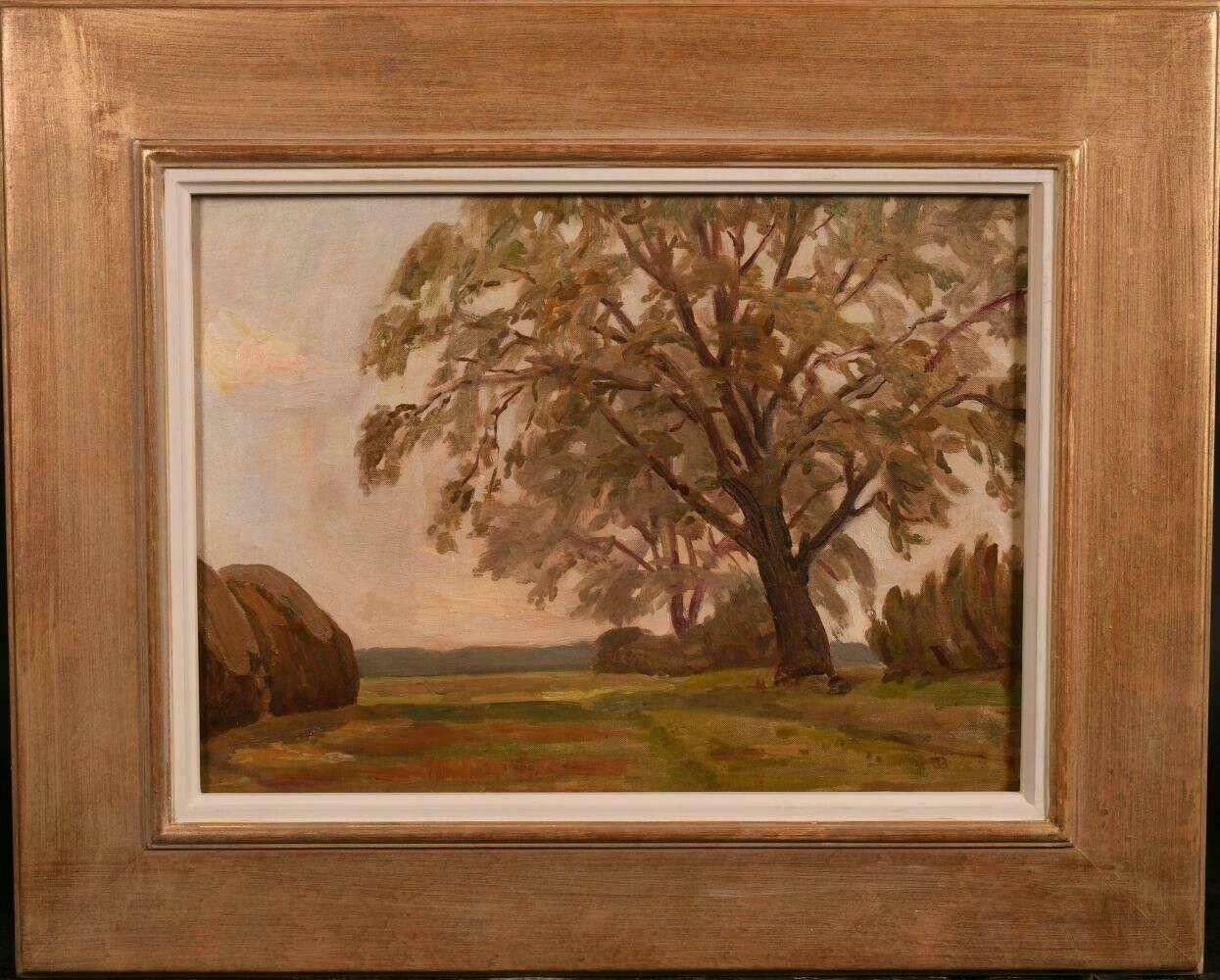 British Schoolmid Century Signed Oil Painting   Moody Dusky Muted Landscape Trees & Haystacksmid 20th Century photo furniture