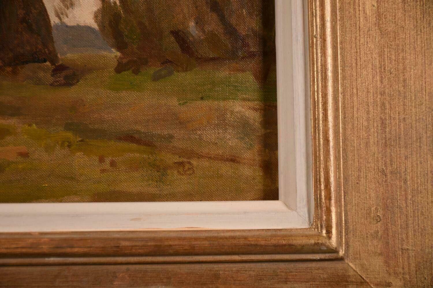 British Schoolmid Century Signed Oil Painting   Moody Dusky Muted Landscape Trees & Haystacksmid 20th Century photo for sale