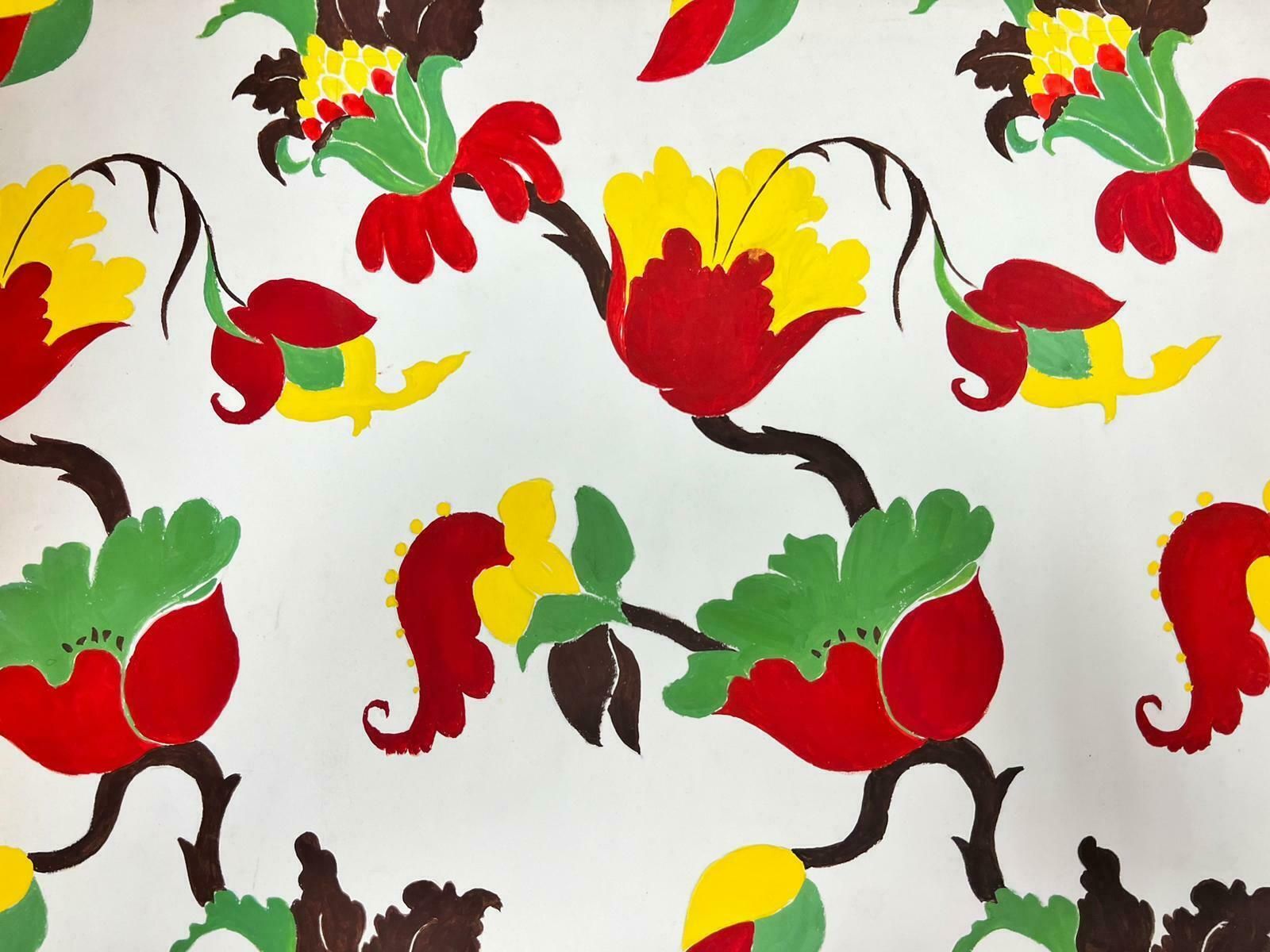 Josine Vignonmid Century French Illustration Of Colourful Flower Wallpaper Sketch1960's photo for sale