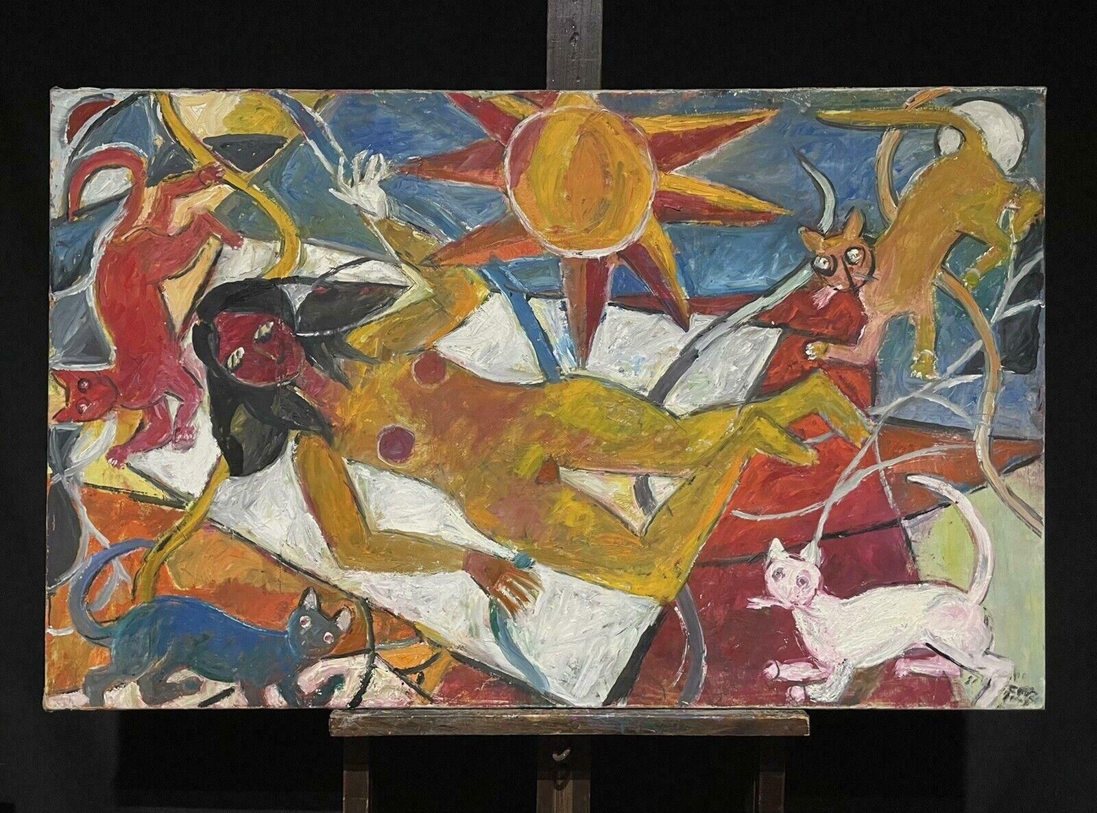 French Schoolhuge French Modernist Abstract Oil Painting Nude Lady Sunbathing With Cats20th Century photo furniture