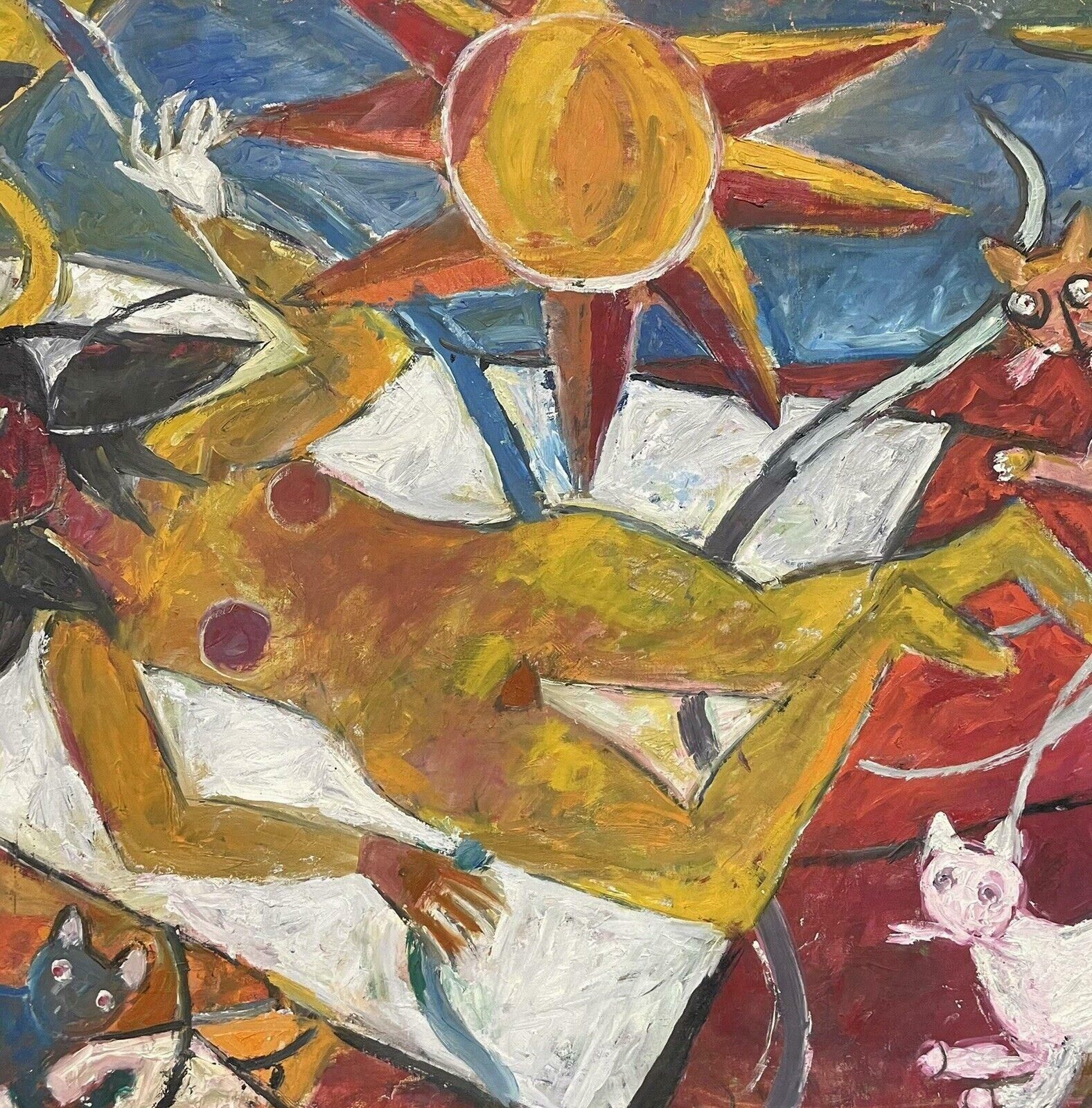 French Schoolhuge French Modernist Abstract Oil Painting Nude Lady Sunbathing With Cats20th Century photo for sale