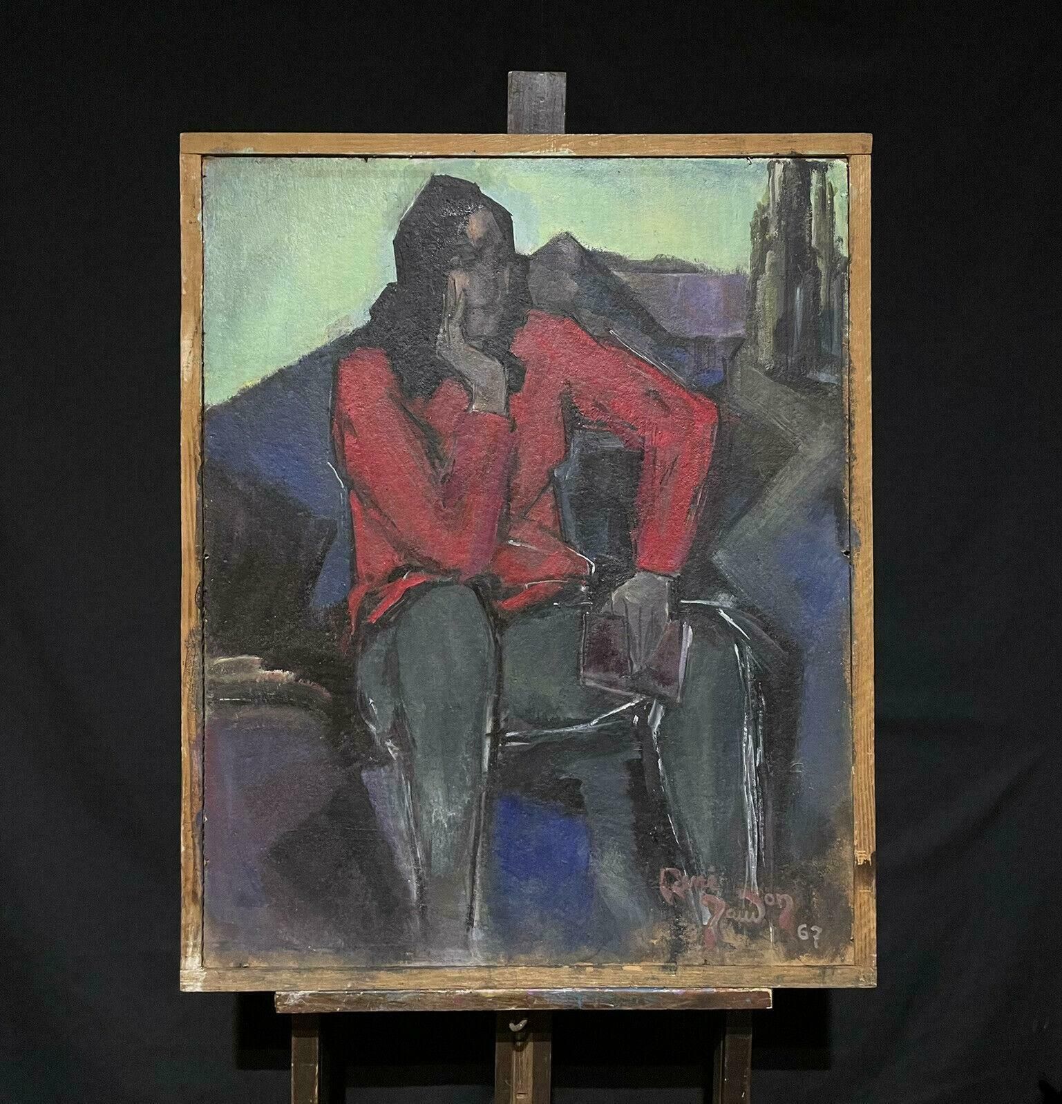 French School1960's French Modernist Signed Oil Painting   Figure In Red Jacket, Large Work photo furniture