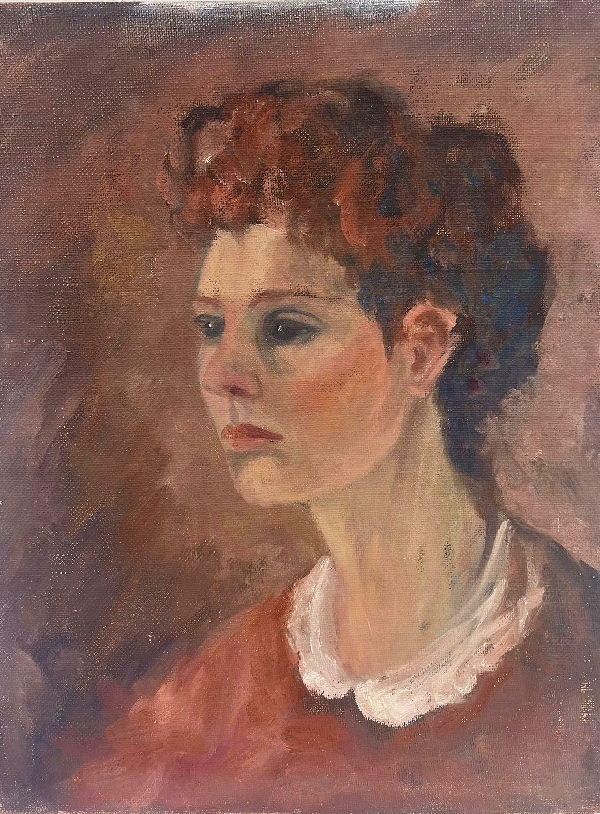 Geza Somerset Paddon1970's British Oil Painting Portrait Of Lady In White Collar1978