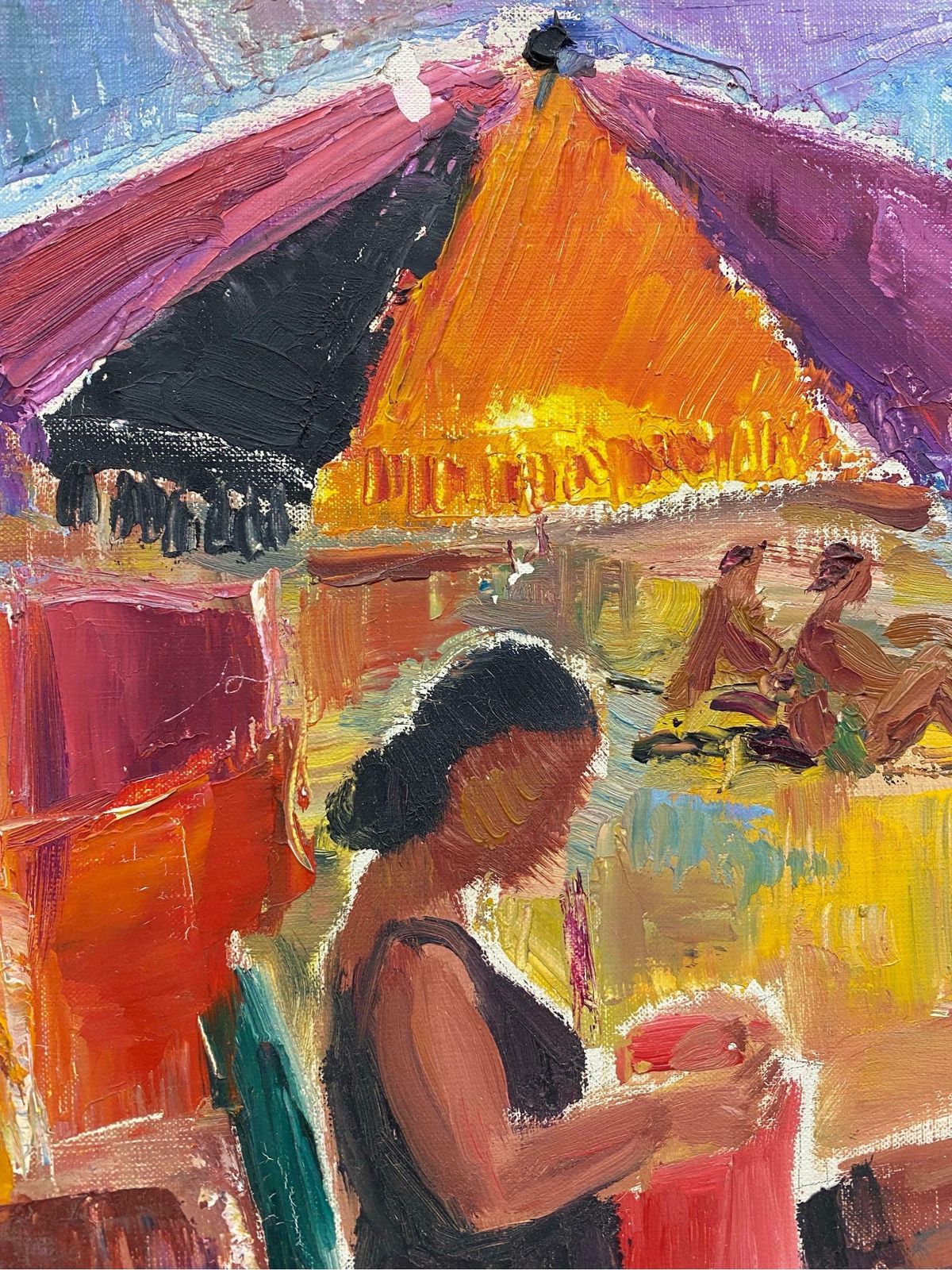 édouard Righetti (1924 2001)original French Mid Century Oil   Bright & Vibrant Sunbathing Beach Portrait1950's photo for sale