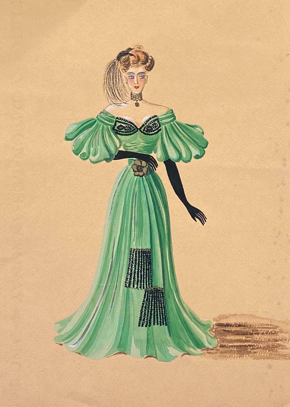 Geneviève Thomas1940's Fashion Illustration   Lady In Dashing Green Ball Dressc. 1940's