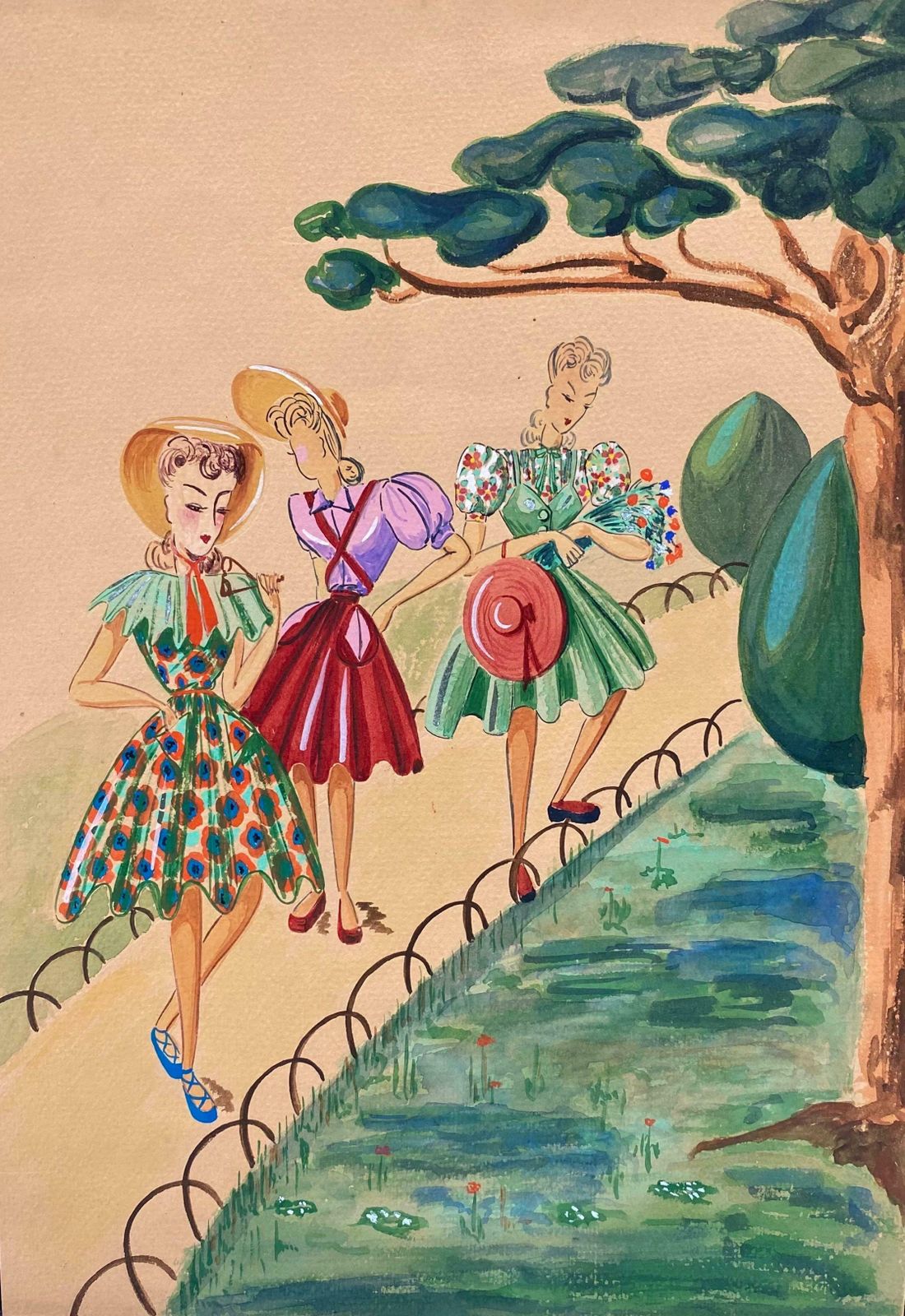 Geneviève Thomas1940's Fashion Illustration   Three Elegant Women Walking Through The Parkc. 1940's