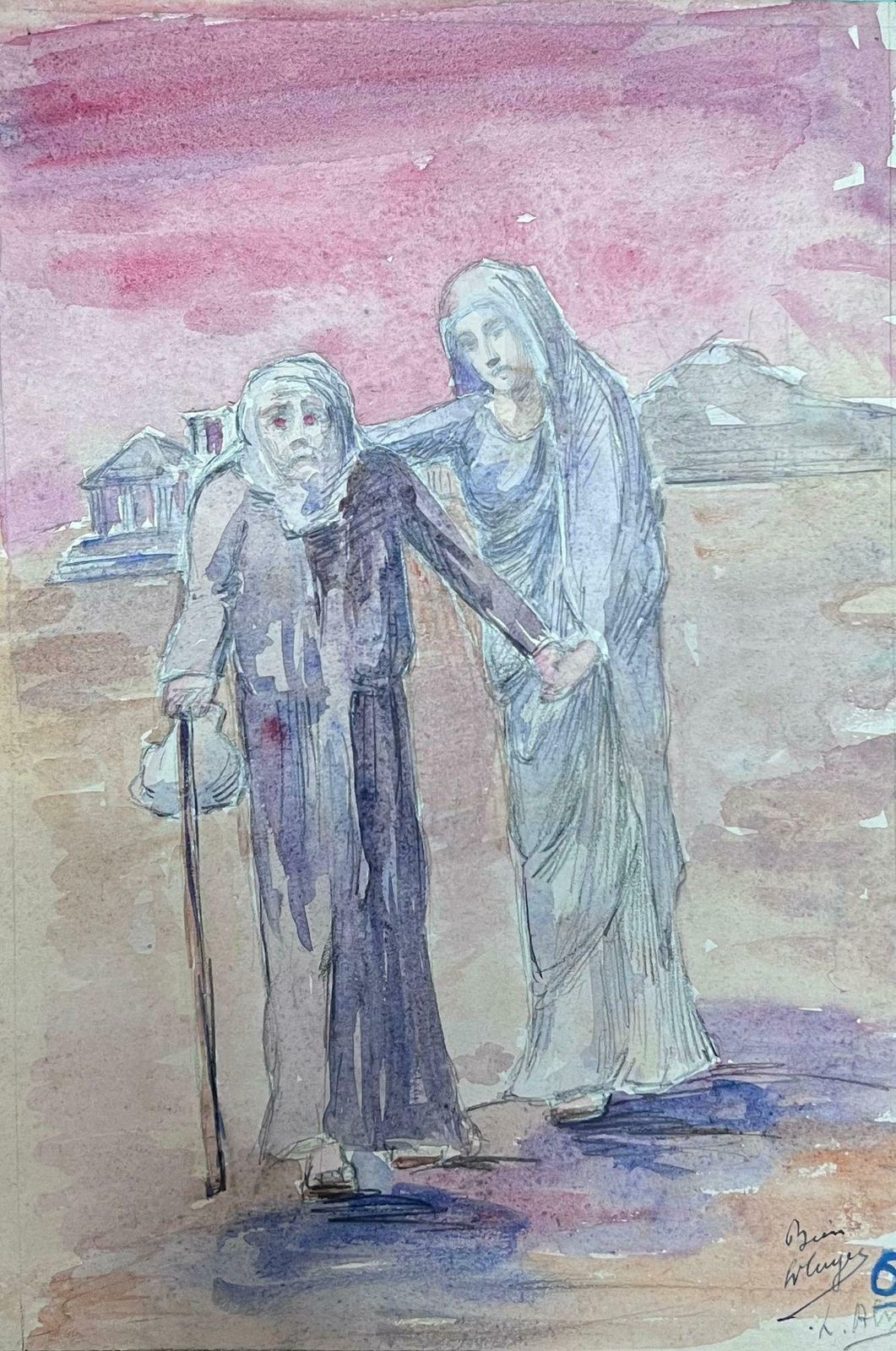 Louise Alix1930's French Impressionist Robed Figure Guiding Lost Figure Through The Desert 1930's