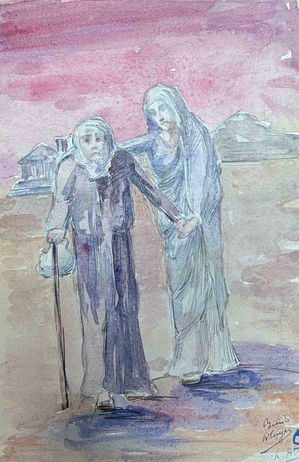 Louise Alix1930's French Impressionist Robed Figure Guiding Lost Figure Through The Desert 1930's photo 606.0
