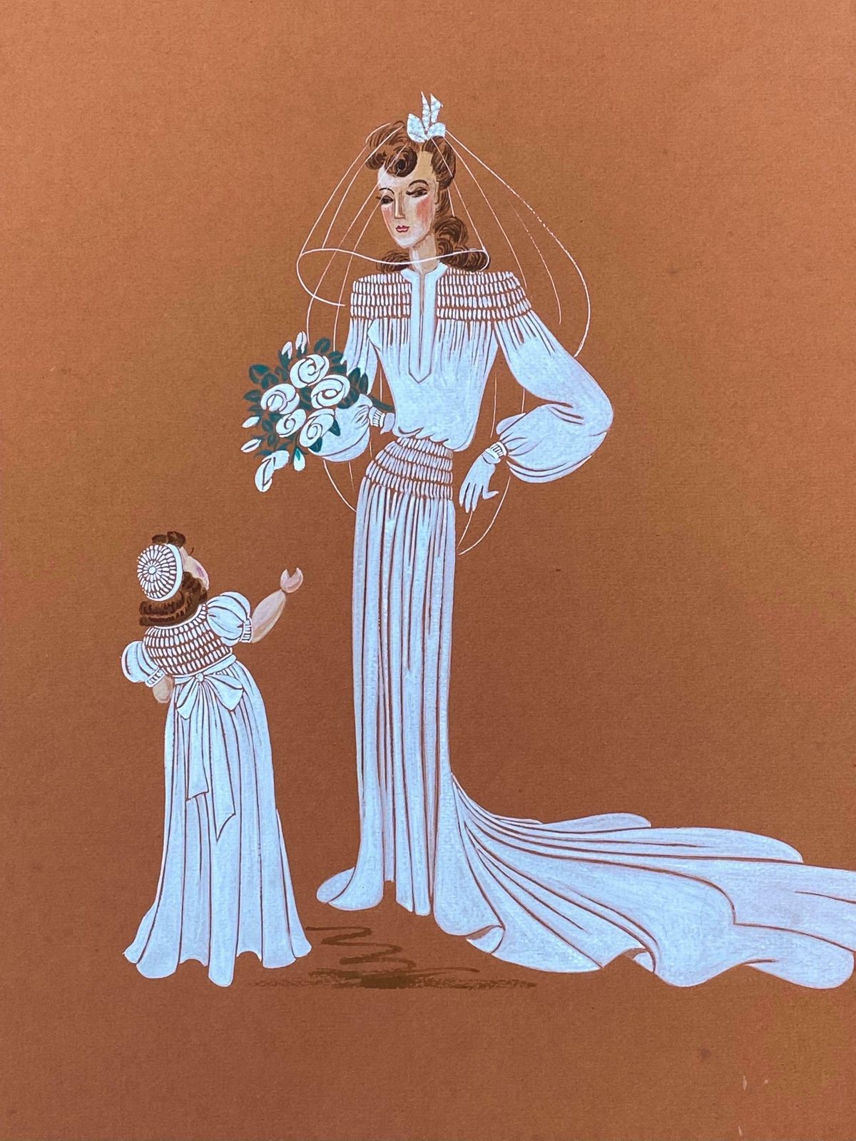 Geneviève Thomas1940's Fashion Illustration   Beautiful Bride & Child Portrait Scenec. 1940's