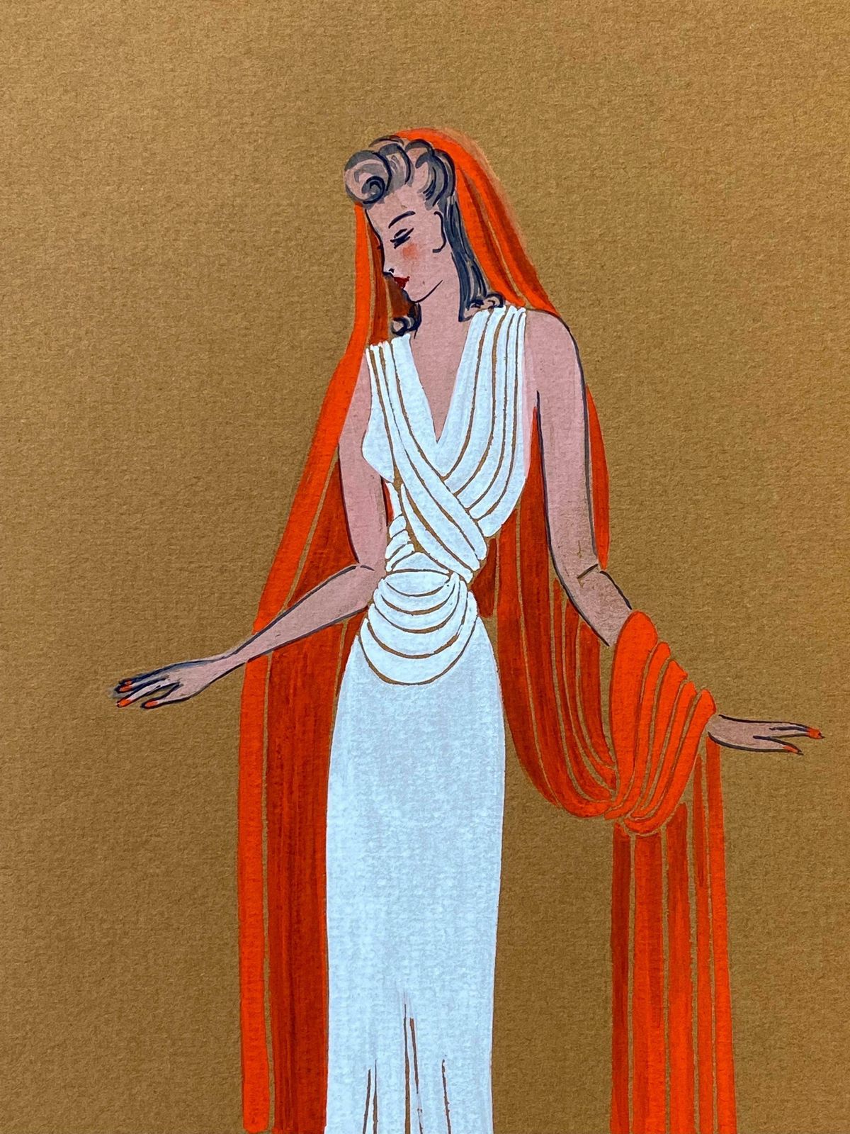 Geneviève Thomas1940's Fashion Illustration   Lady In White Dress With Draped Orange Head Scarfc. 1940's photo 214.0