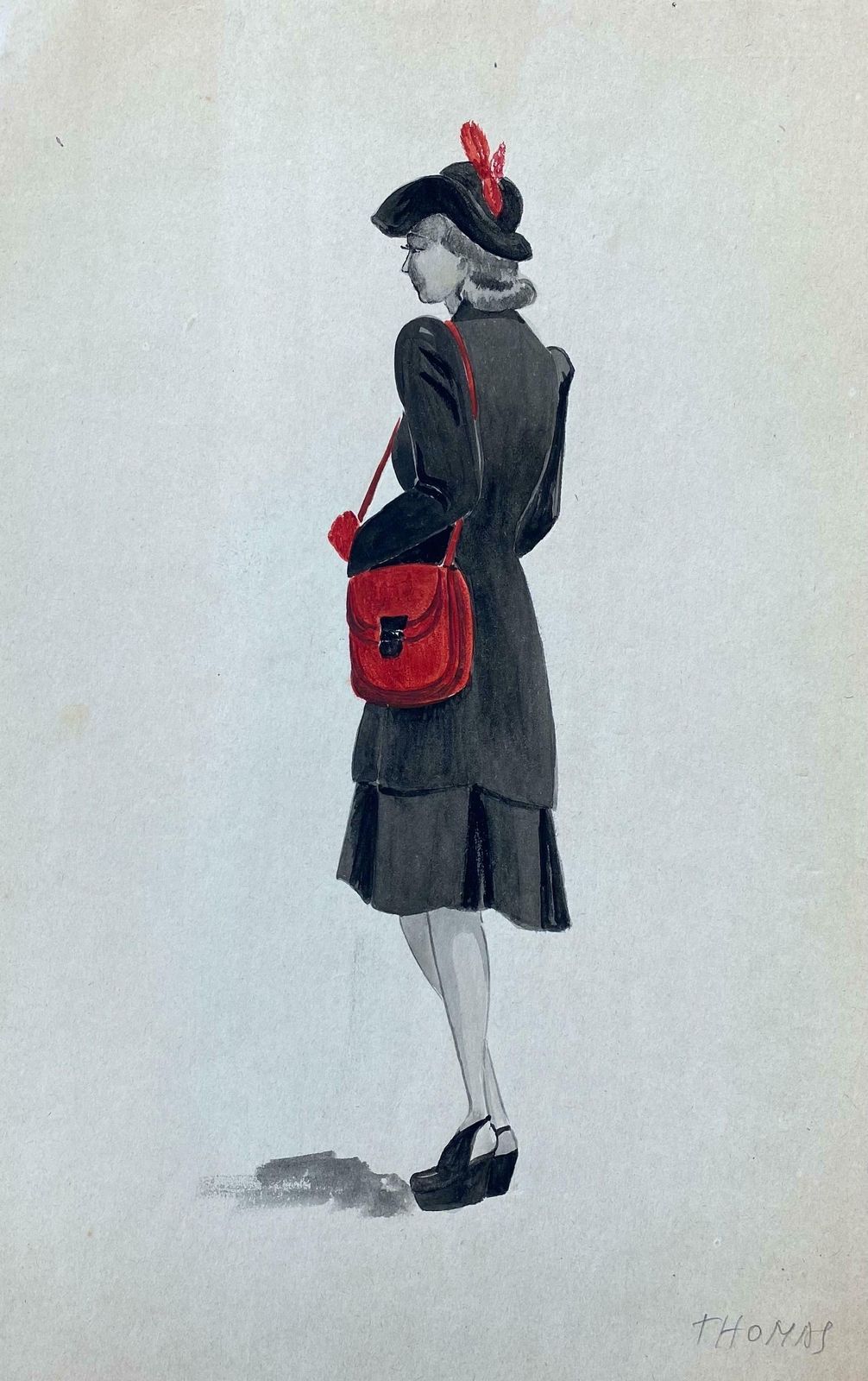 Geneviève Thomas1940's French Fashion Illustration   The Elegant Lady With The Red Featuresc. 1940's