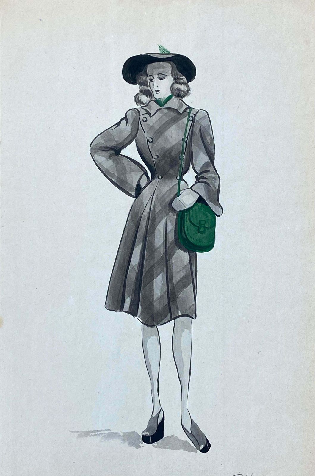 Geneviève Thomas1940's French Fashion Illustration   The Stylish Lady With The Green Featuresc. 1940's