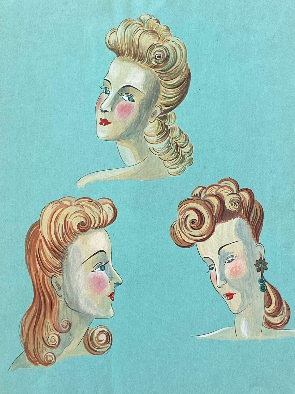 Geneviève Thomas1940's French Fashion Illustration   Elegant Three Women Face Portraitsc. 1940's