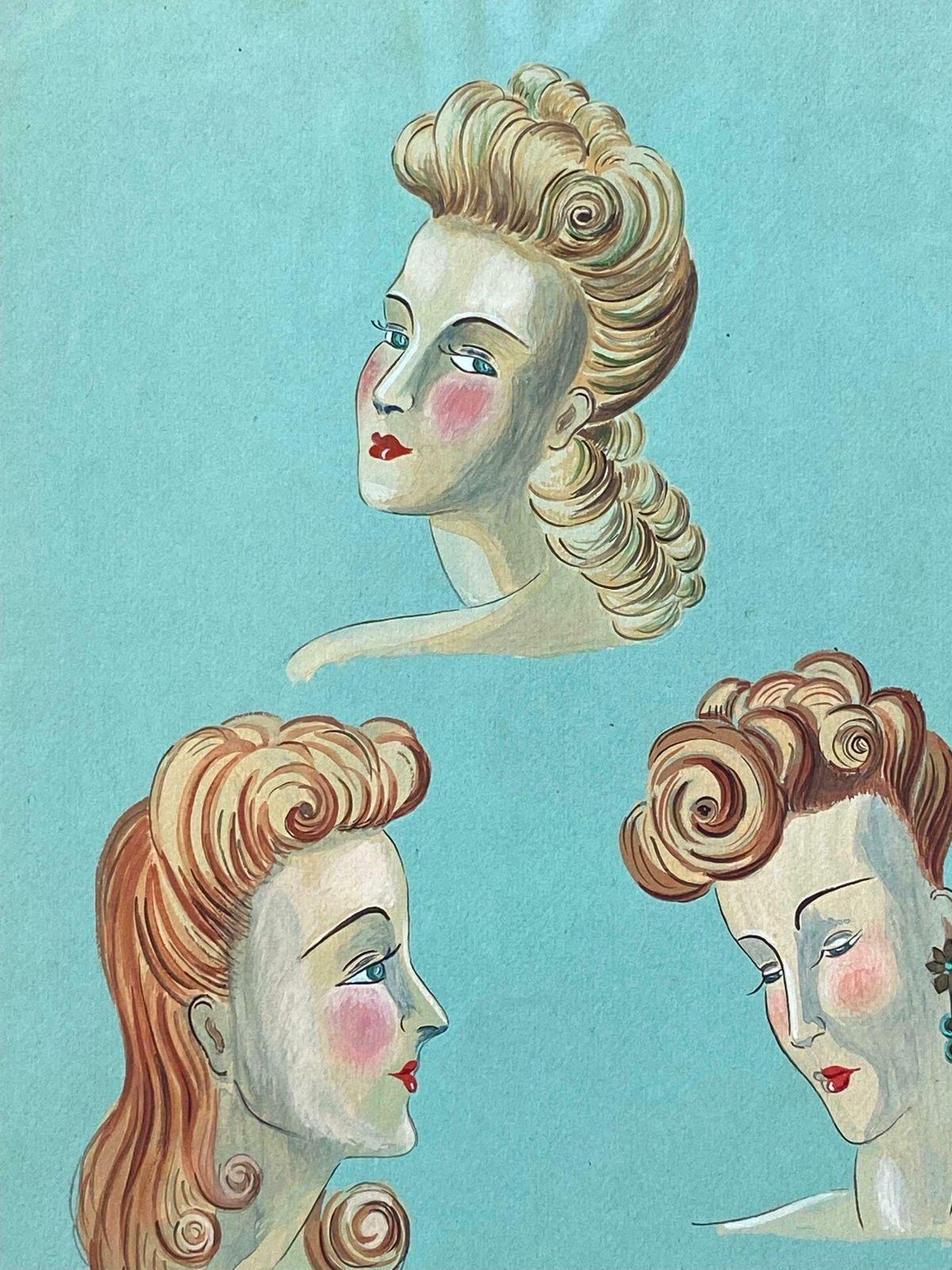 Geneviève Thomas1940's French Fashion Illustration   Elegant Three Women Face Portraitsc. 1940's photo furniture